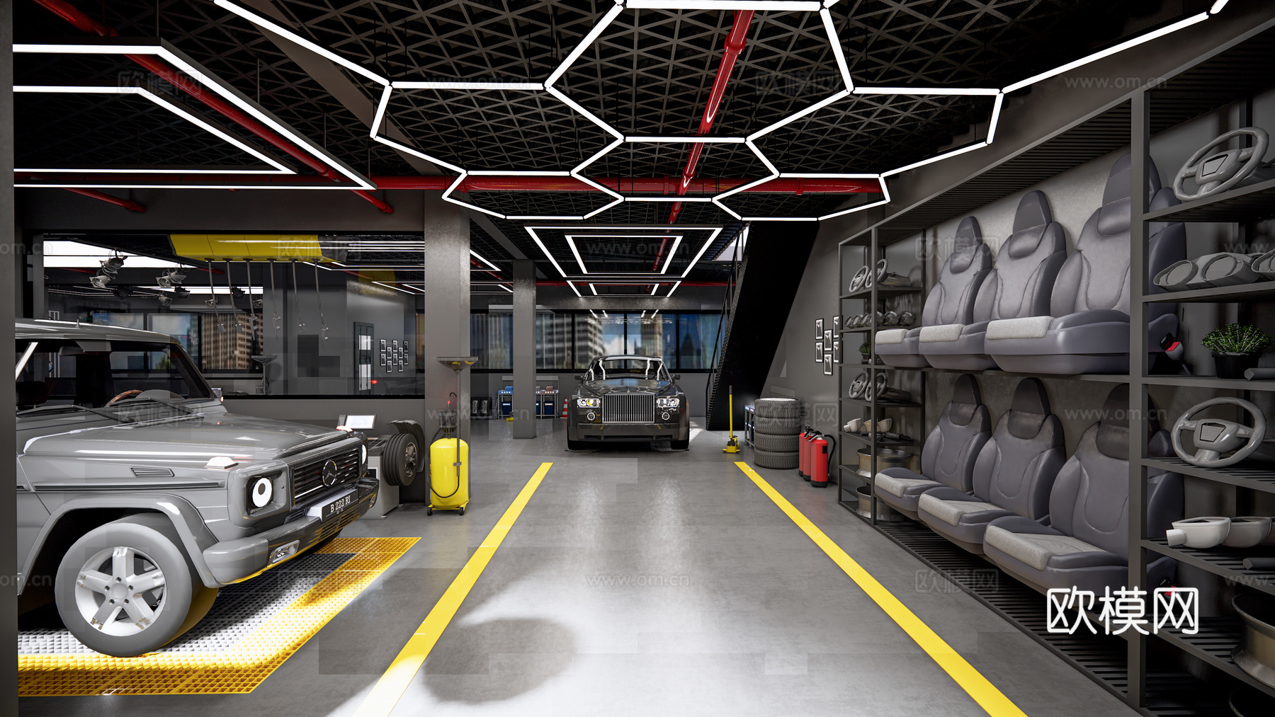 工业风汽车修理店 豪车 跑车su模型