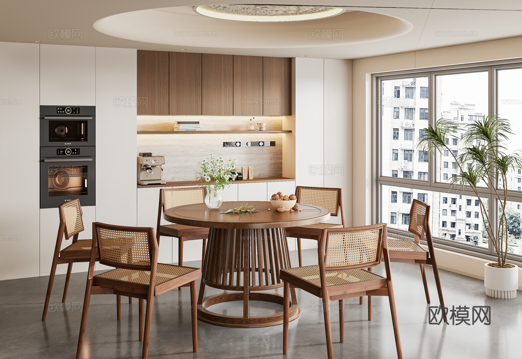 侘寂中古风餐厅 餐桌椅组合 餐边柜 圆形餐桌 绿植盆栽3d模型