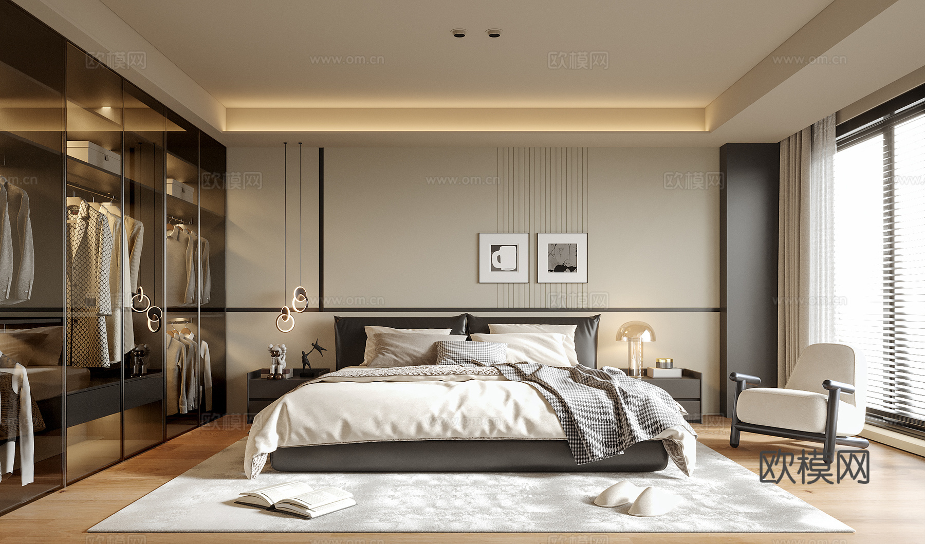 现代卧室 无主灯卧室 双人床 床头柜su模型