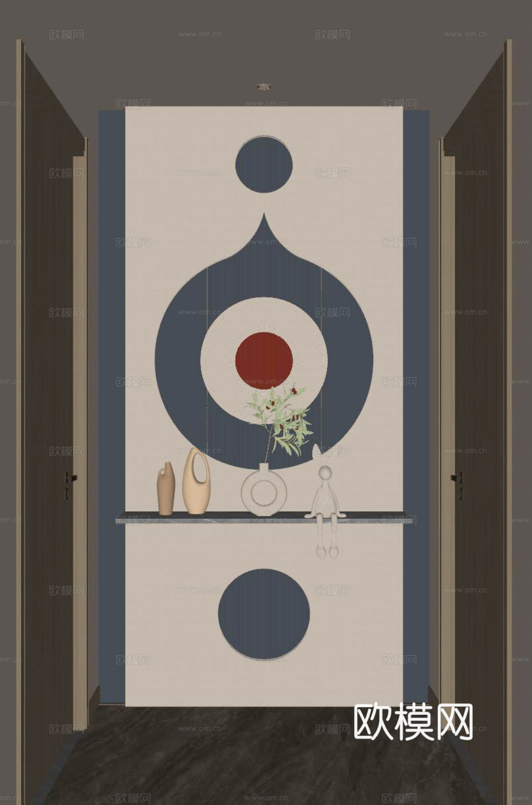 奶油 简约风 弧形造型 爱马仕橙 格栅板 走廊端景 玄关su模型