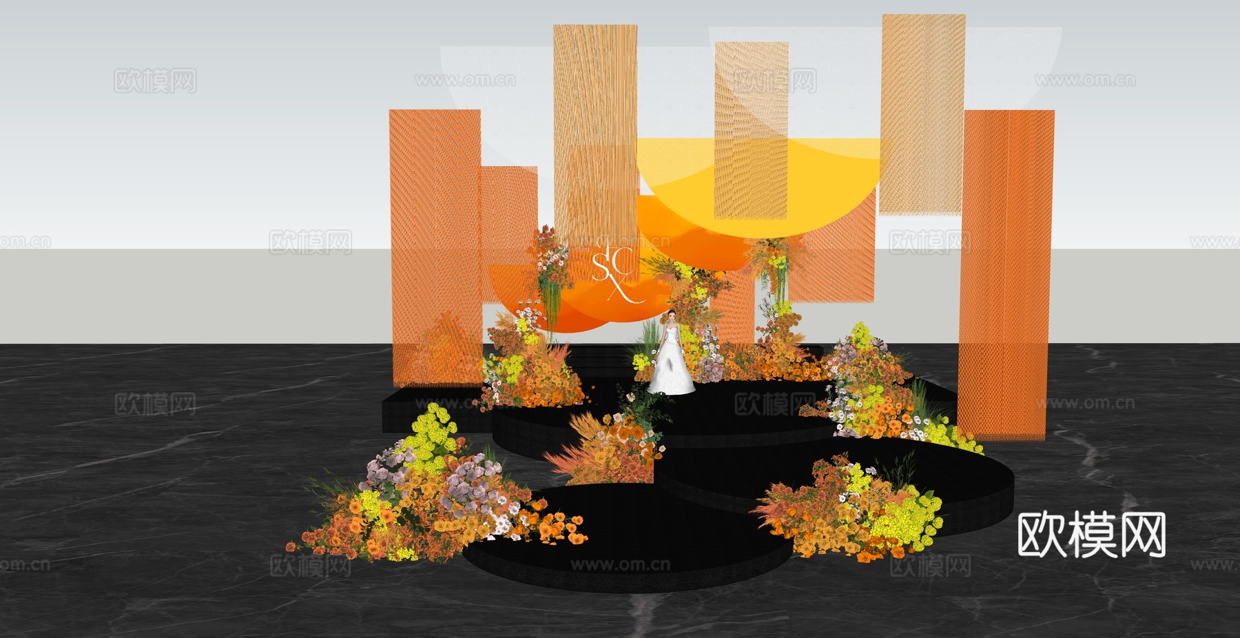 小众线帘橙黄撞色婚礼场景su模型下载（渲染图5）