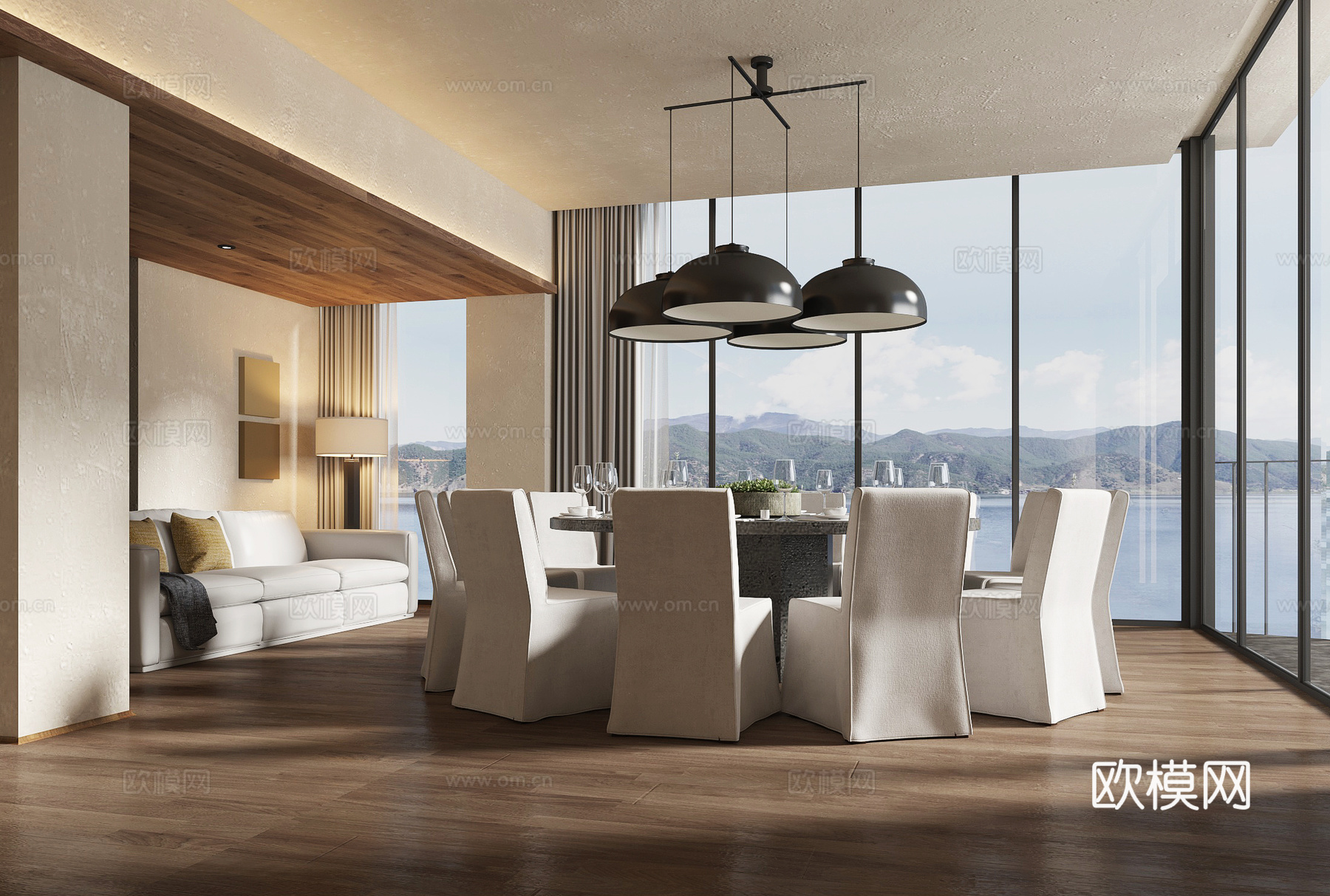 侘寂餐厅包房 沙发 吊灯 落地灯su模型