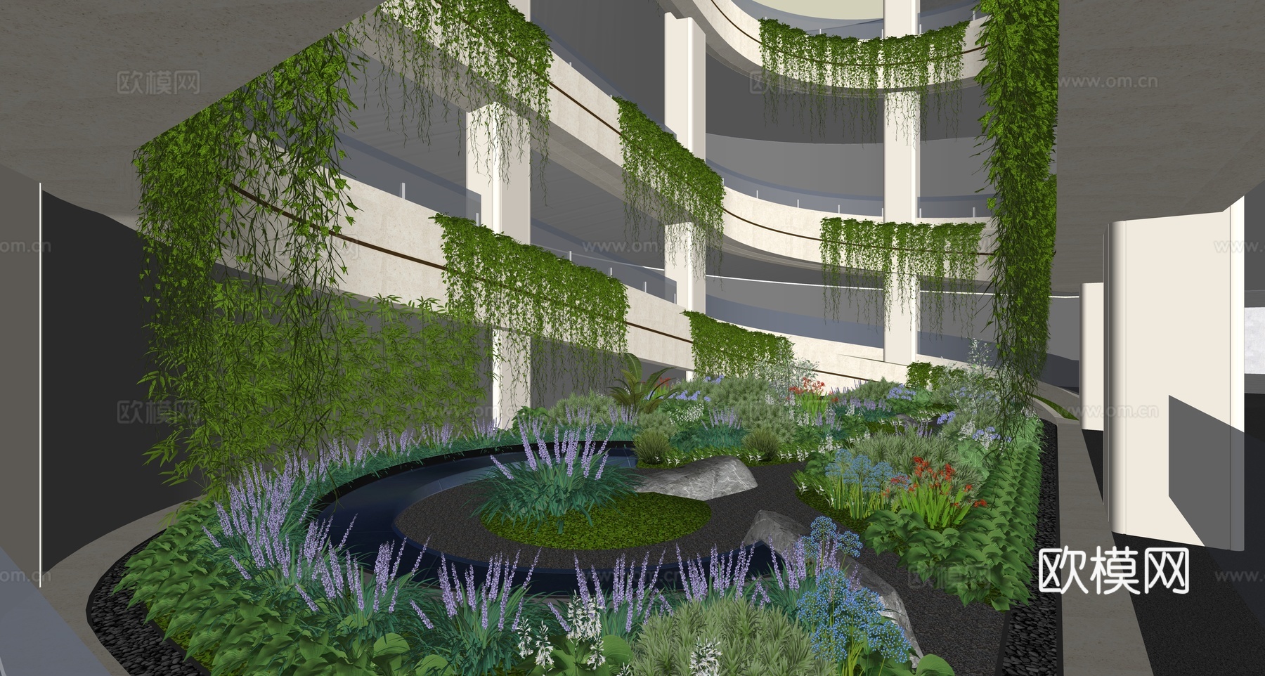 现代中庭花园 酒店停车场入口 景观庭院su模型下载（渲染图2）