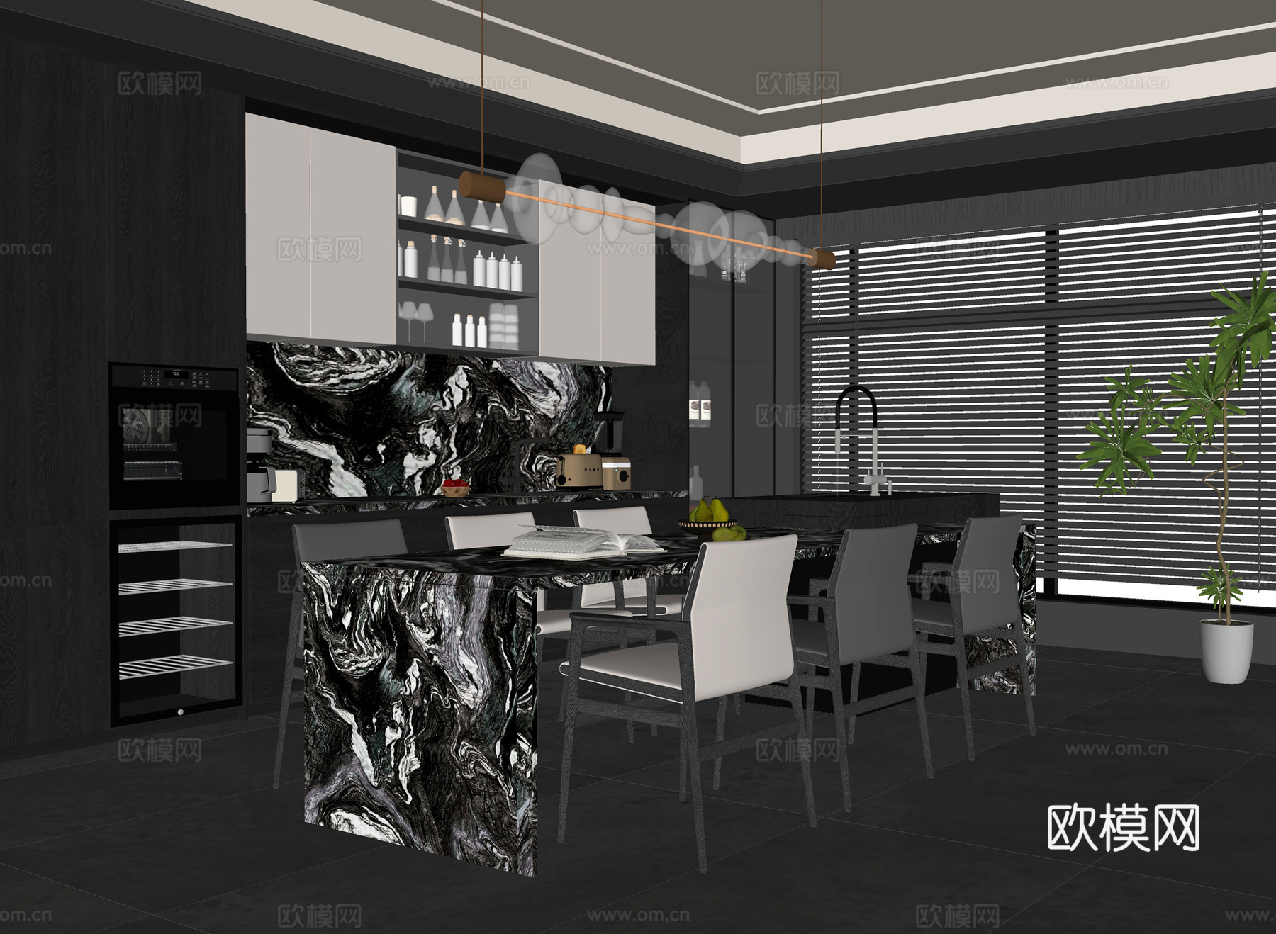 现代餐厅 餐桌椅 酒柜 餐边柜su模型