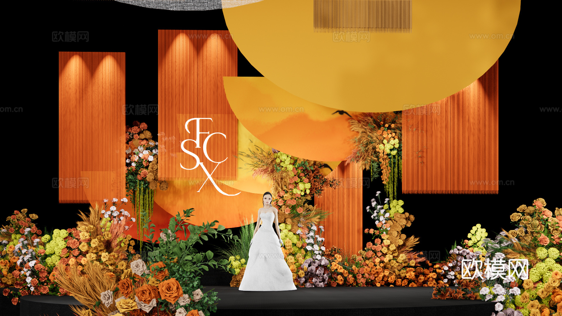 小众线帘橙黄撞色婚礼场景su模型下载（渲染图2）