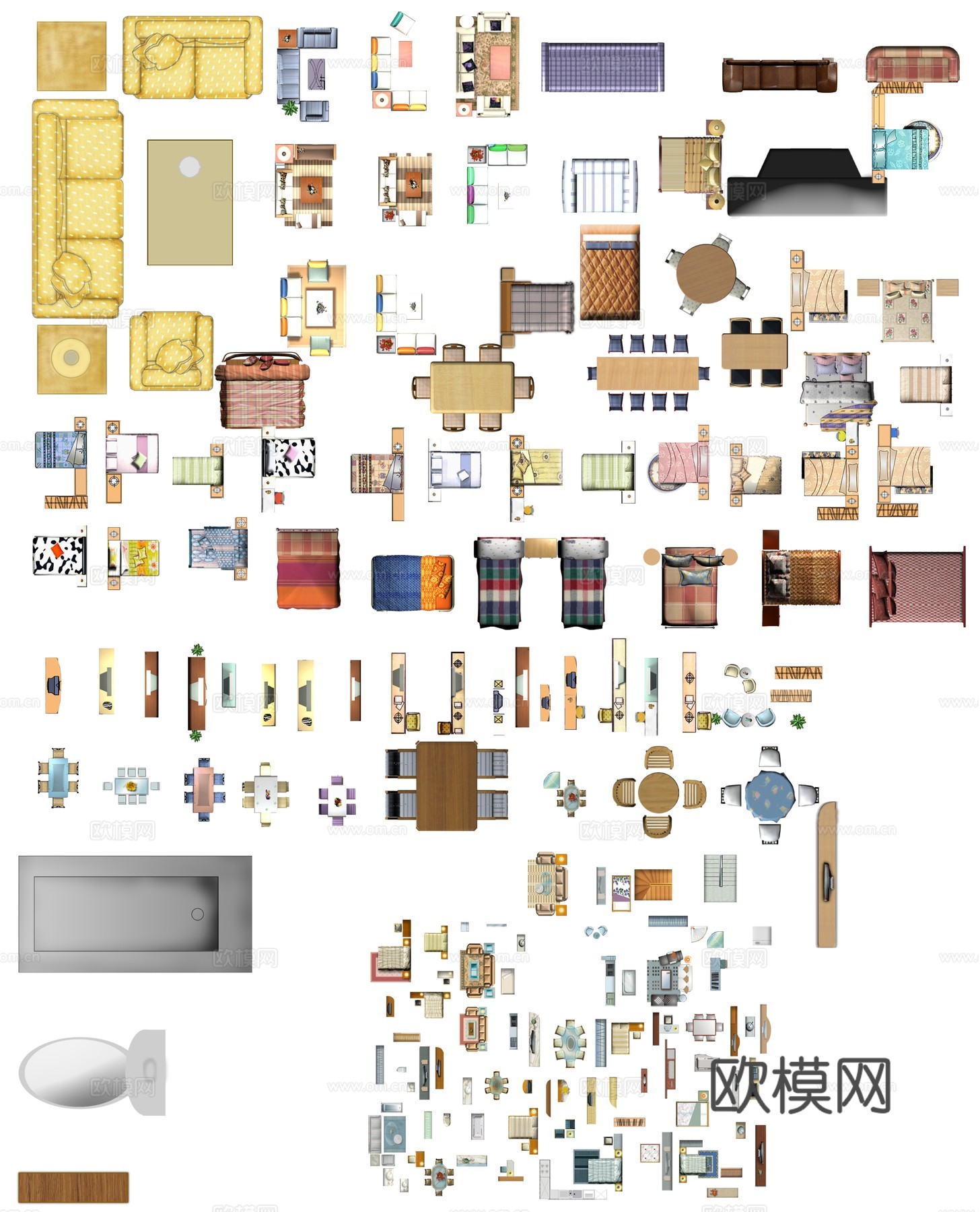 室内家具彩色平面图素材（免抠图）