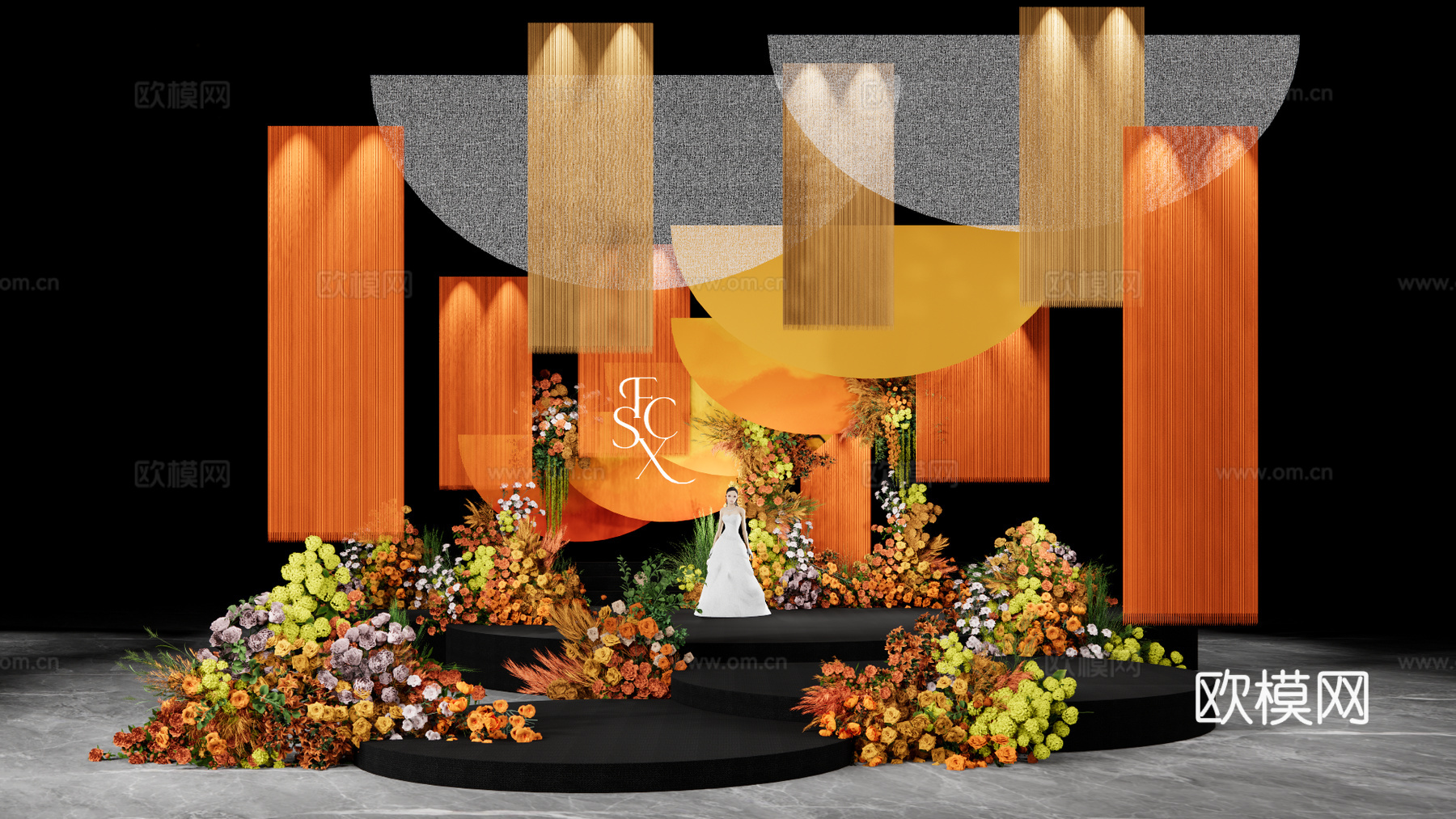 小众线帘橙黄撞色婚礼场景su模型下载（渲染图1）