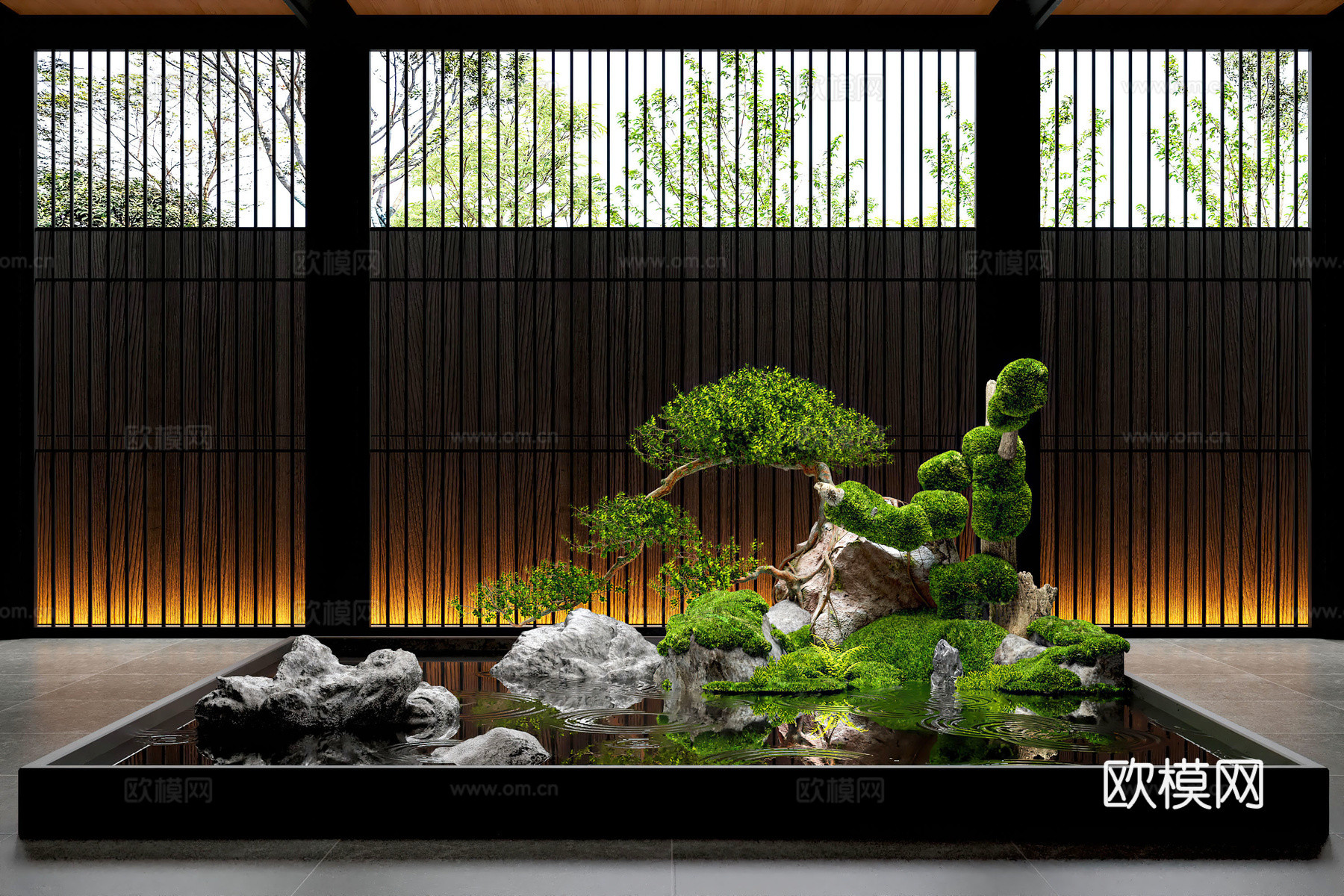 新中式景观造景 水景 苔藓 景观石su模型