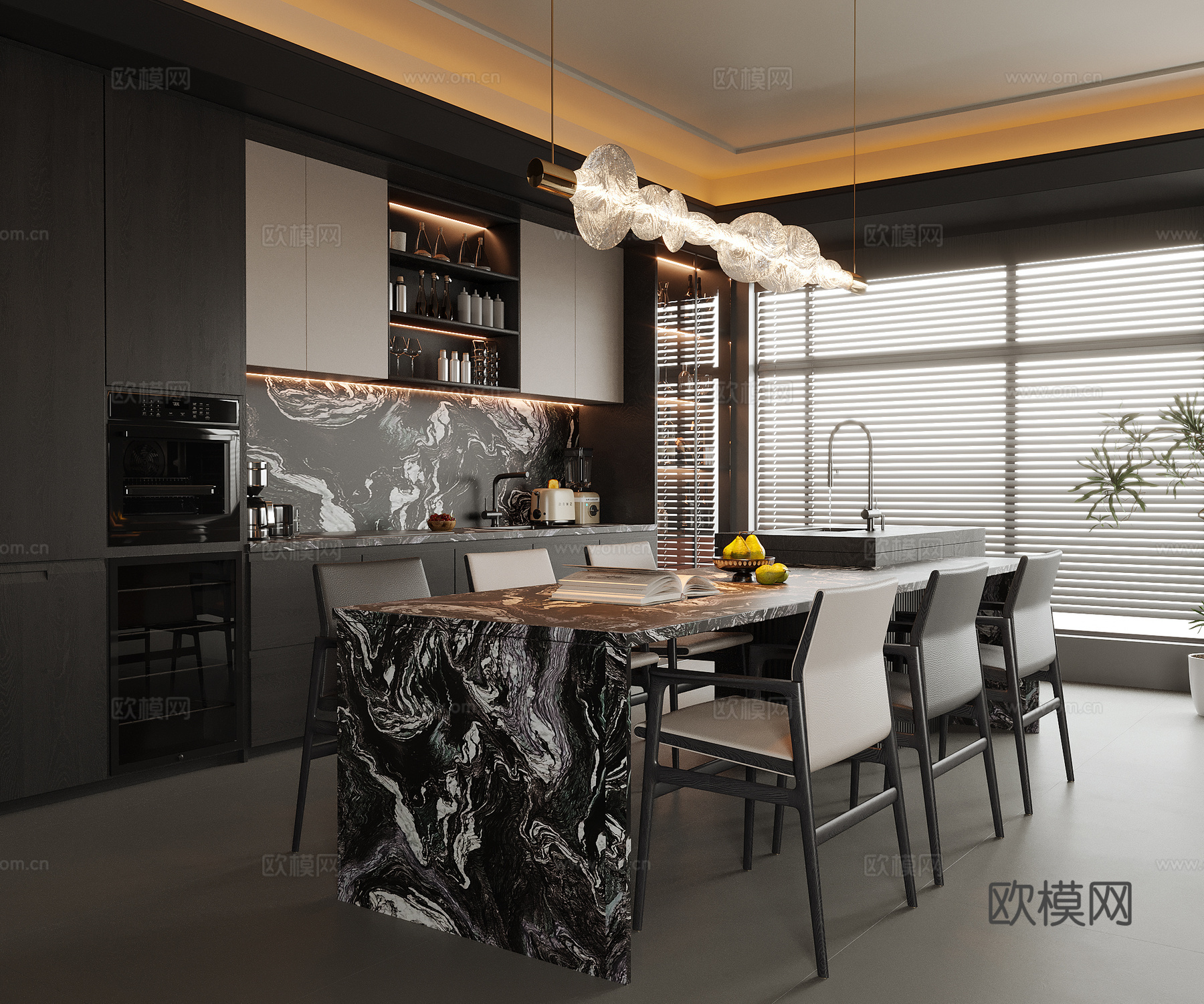 现代餐厅 餐桌椅 酒柜 餐边柜su模型