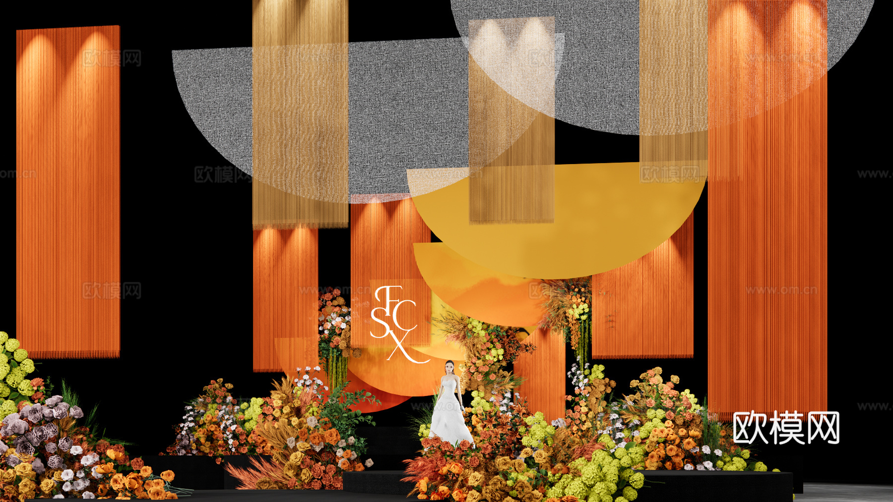 小众线帘橙黄撞色婚礼场景su模型下载（渲染图4）
