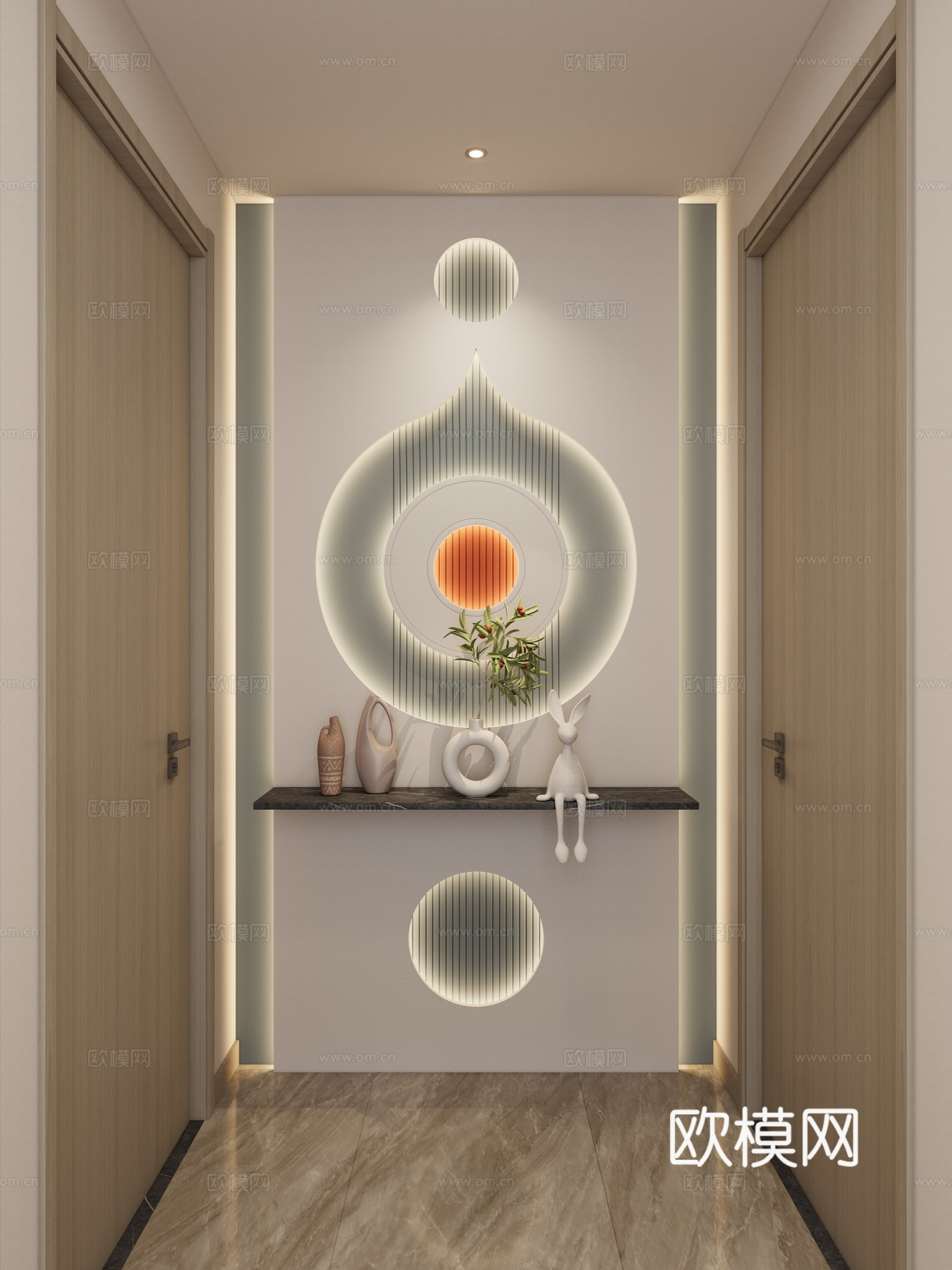奶油 简约风 弧形造型 爱马仕橙 格栅板 走廊端景 玄关su模型