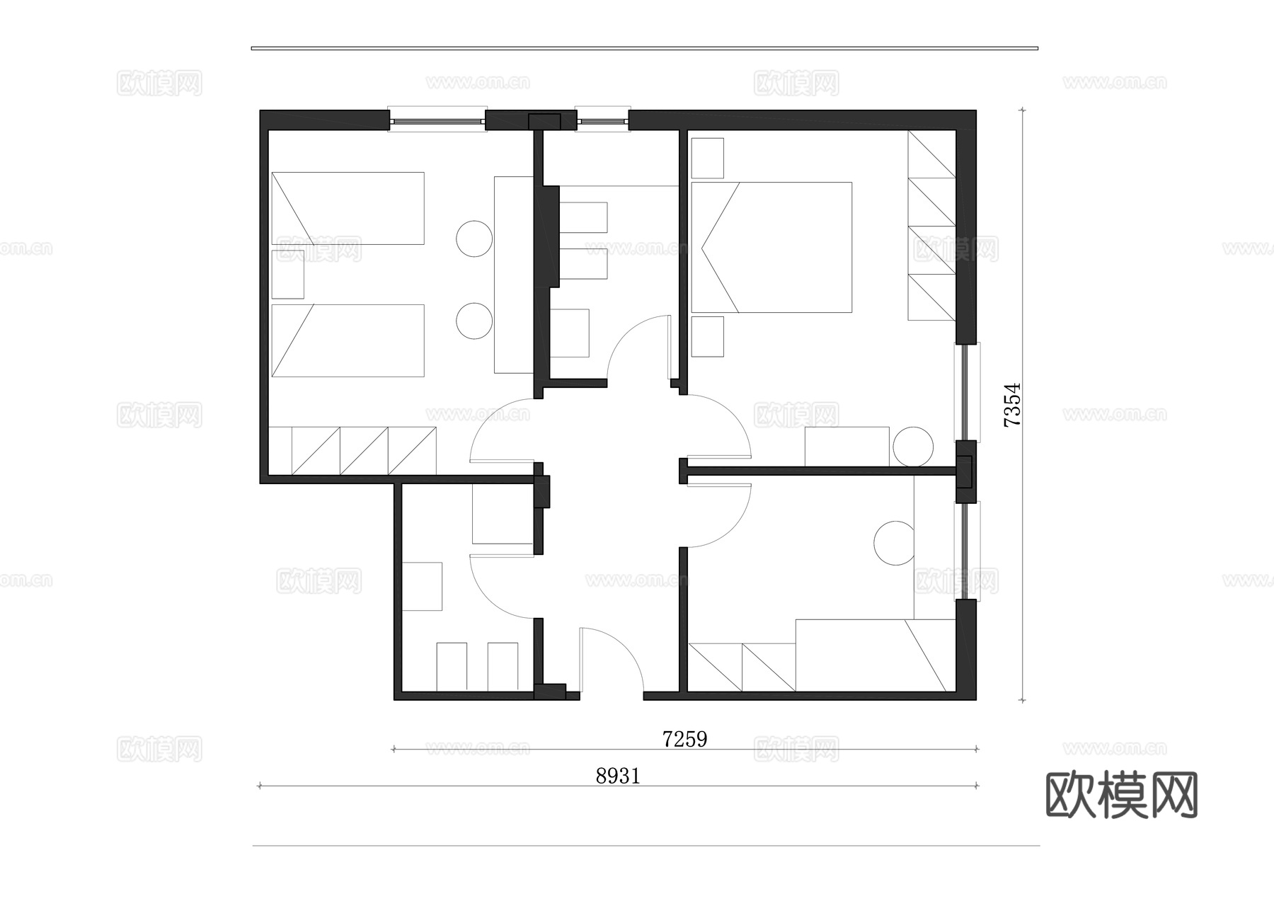 青年公寓房间 酒店式公寓客房 公寓型酒店房间 青年旅舍客房cad施工图