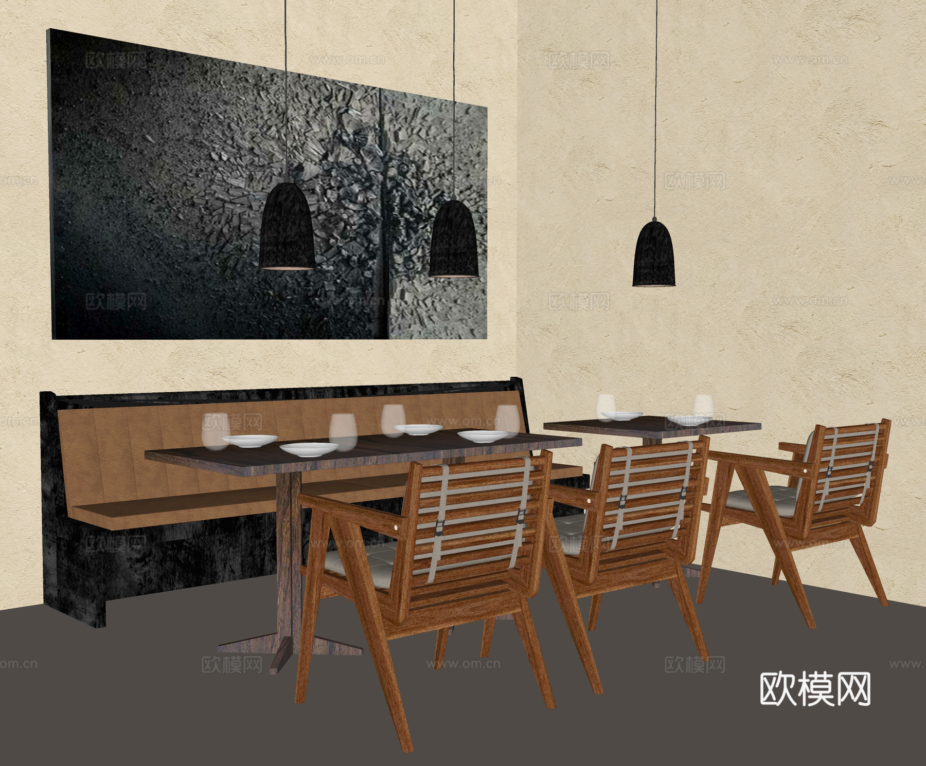 侘寂卡座沙发 单椅 吊灯 方桌 餐具su模型下载（渲染图2）