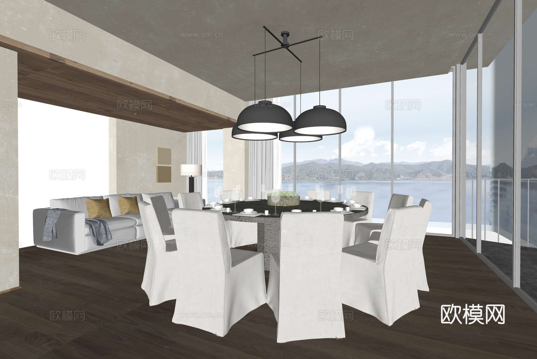 侘寂餐厅包房 沙发 吊灯 落地灯su模型