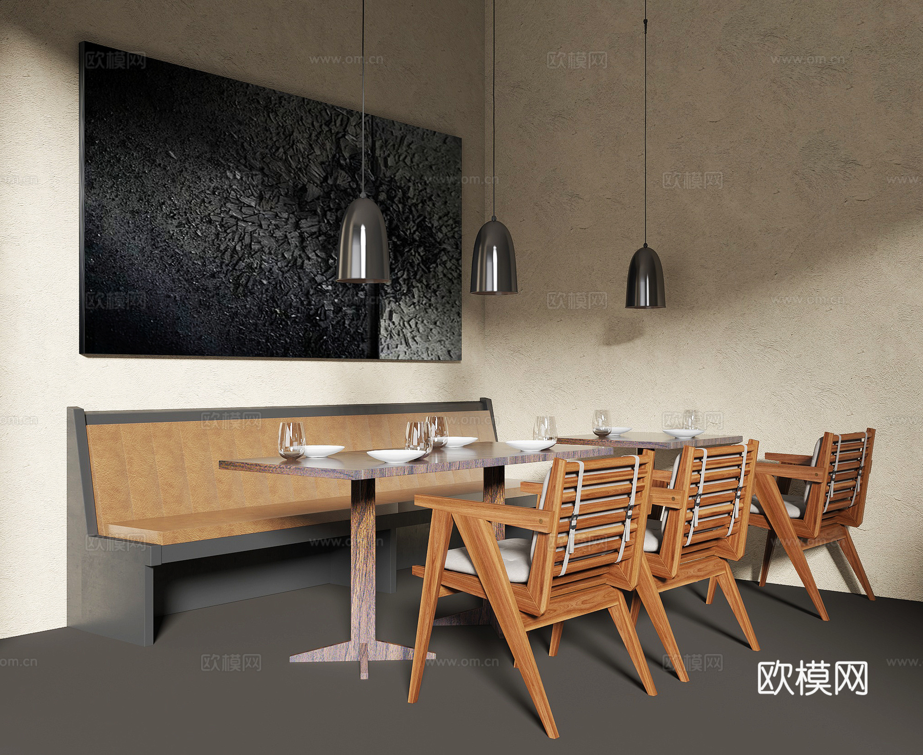 侘寂卡座沙发 单椅 吊灯 方桌 餐具su模型下载（渲染图1）