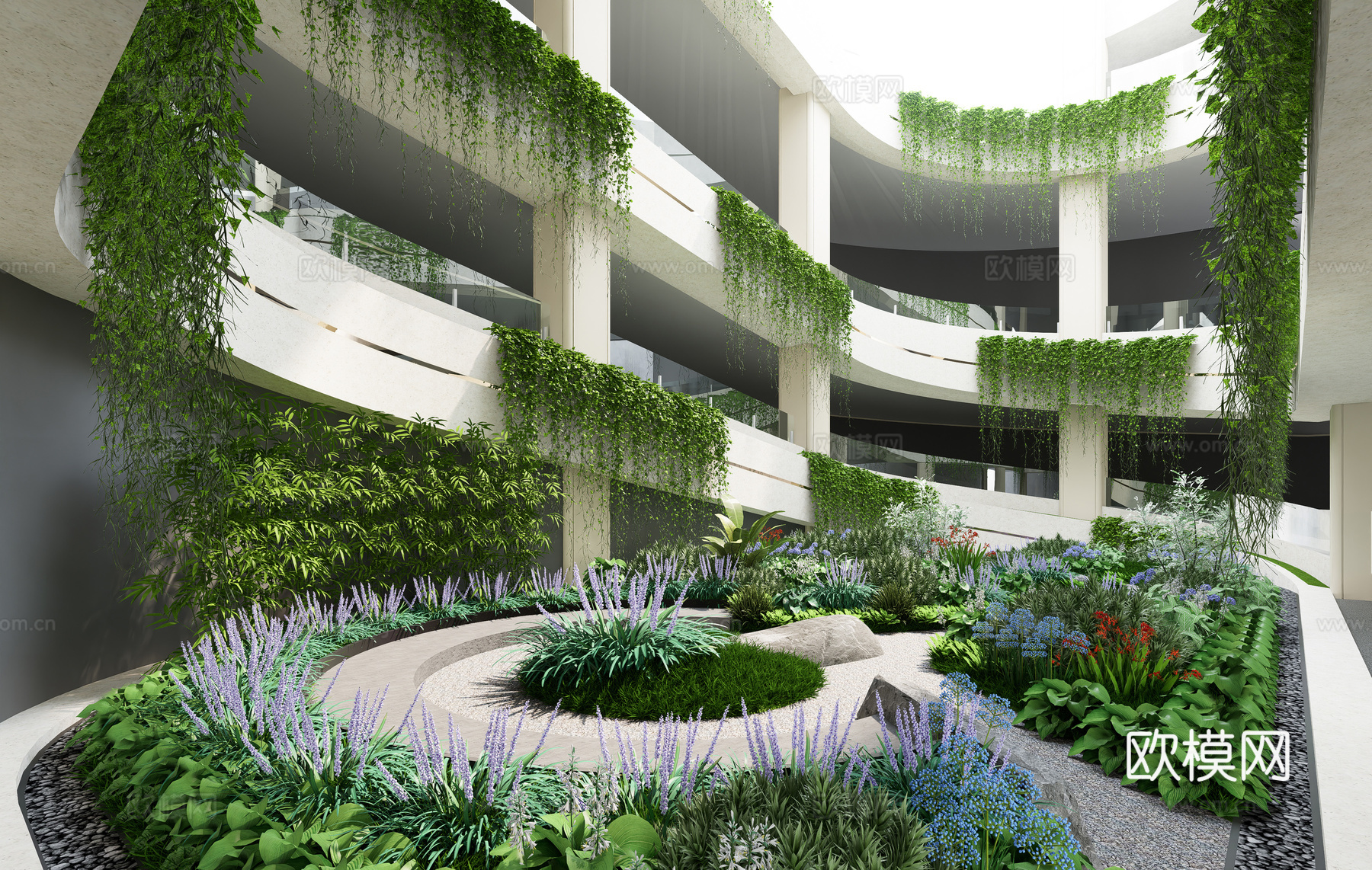 现代中庭花园 酒店停车场入口 景观庭院su模型下载（渲染图1）