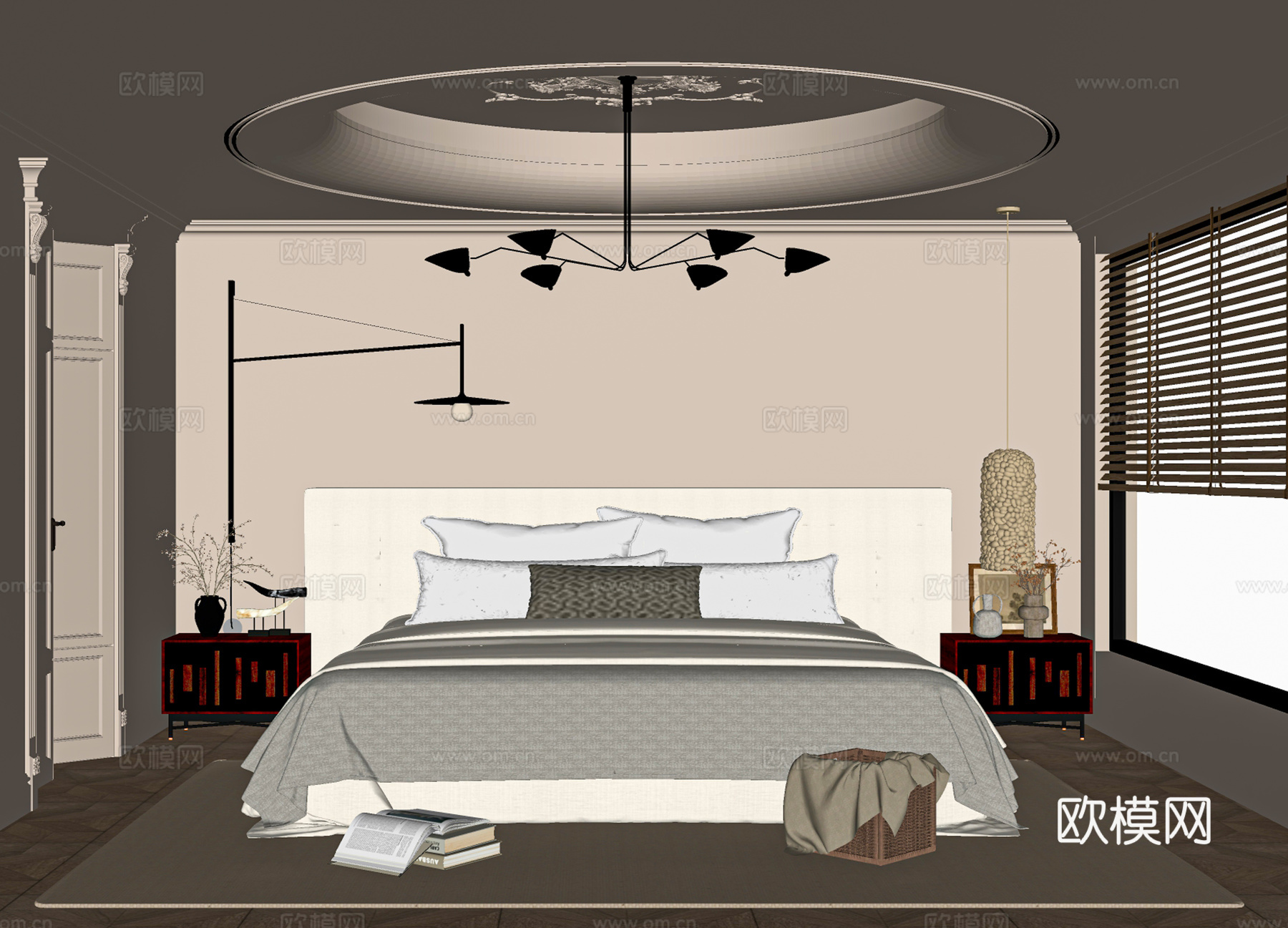 法式 卧室 床 柜床头su模型下载（渲染图2）