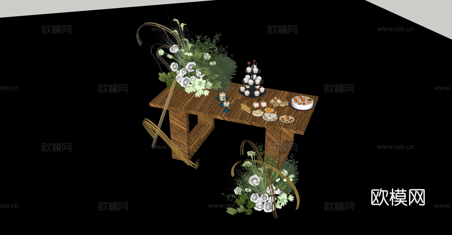 婚礼甜品台绿色花艺su模型