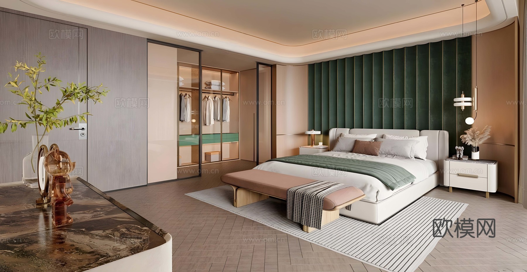 现代轻奢家居卧室 靠背双人床 意式轻奢卧室 轻奢床头柜 衣柜su模型