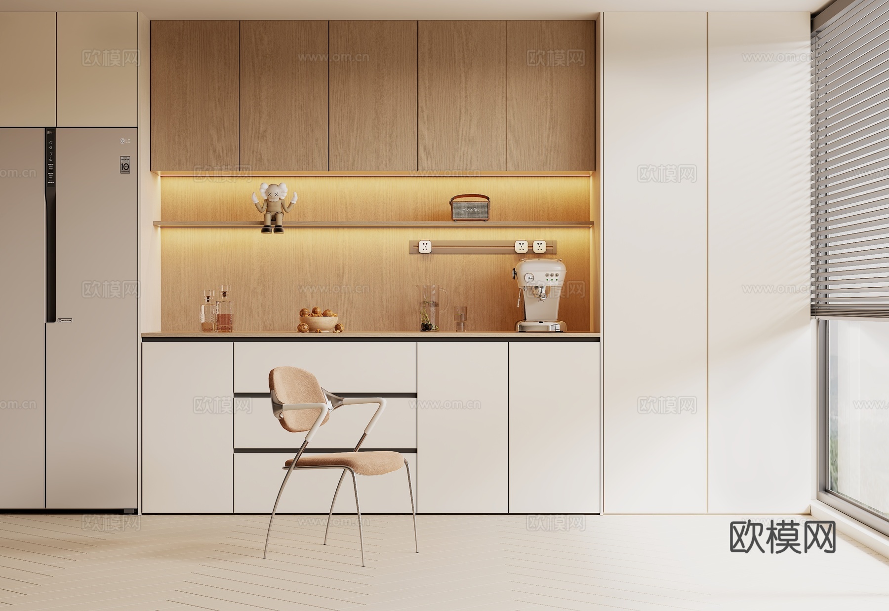 现代奶油风餐边柜 冰箱柜su模型下载（渲染图1）