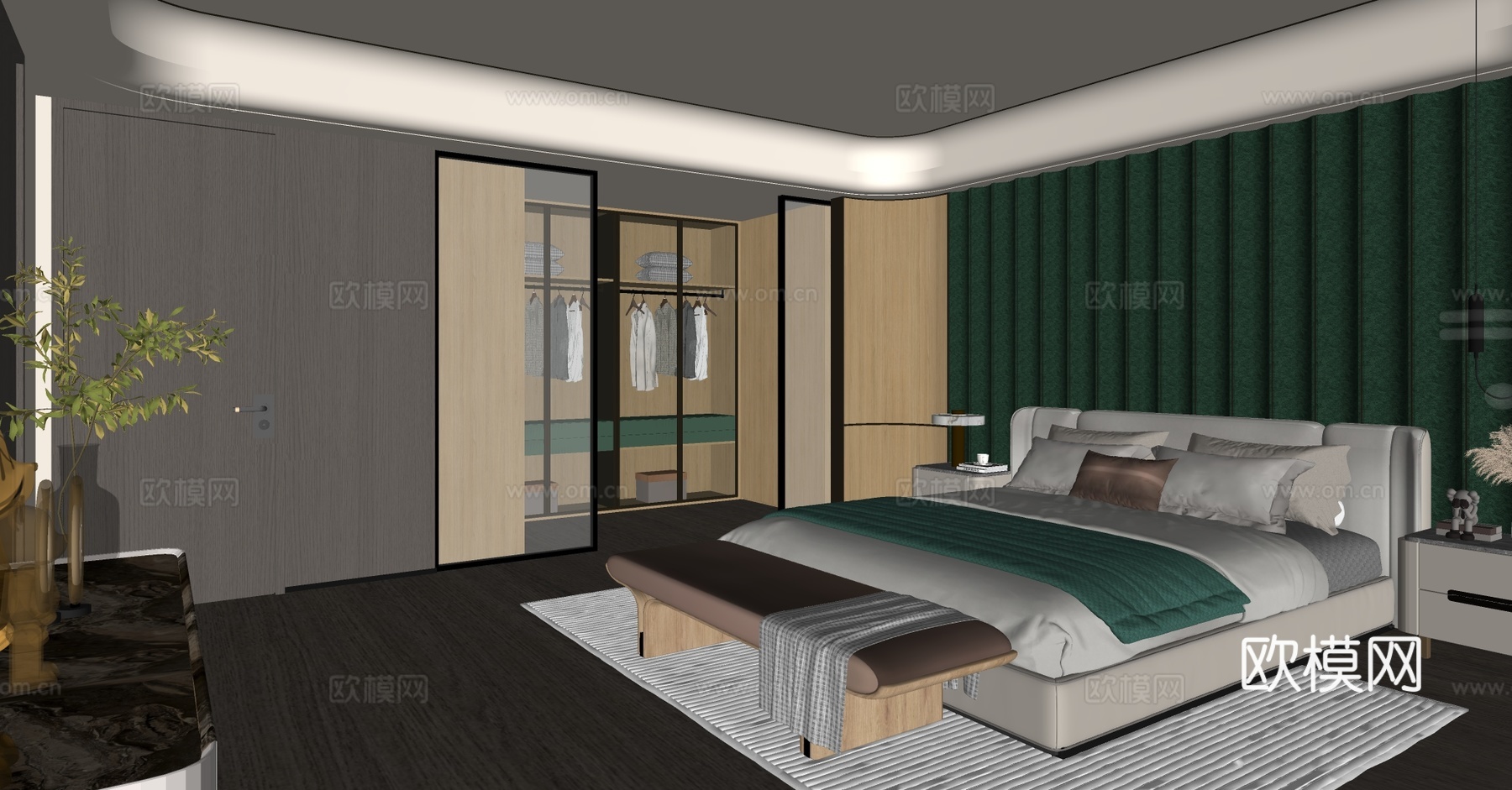 现代轻奢家居卧室 靠背双人床 意式轻奢卧室 轻奢床头柜 衣柜su模型