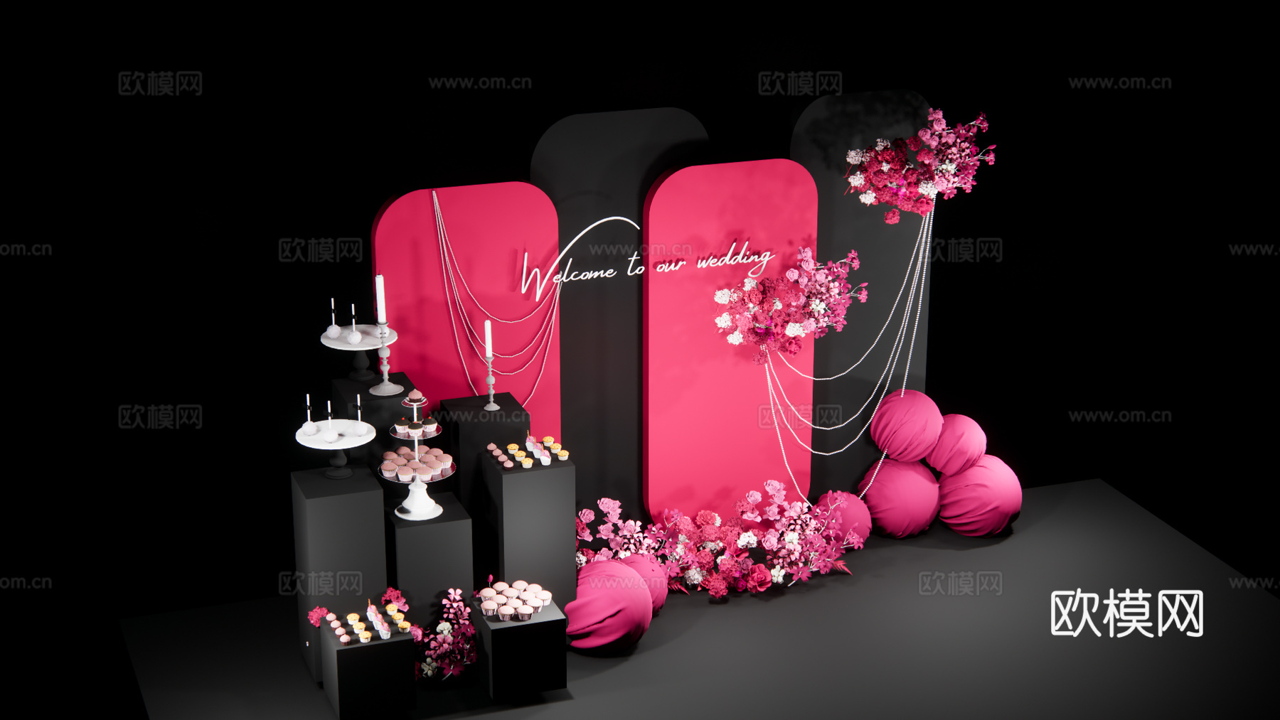 玫红色婚礼 甜品台su模型