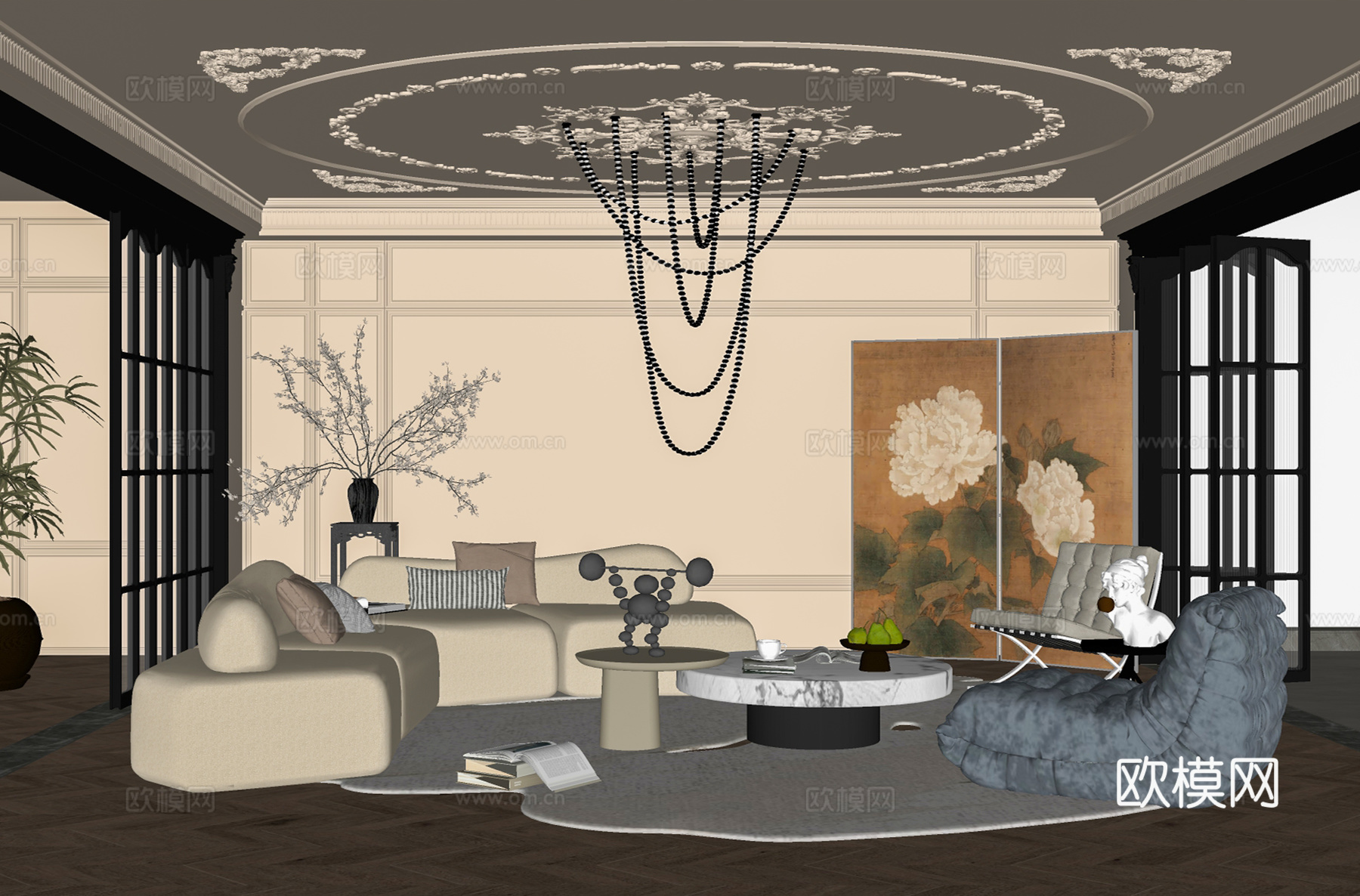 法式 中古风 客厅 沙发 单椅 茶几su模型