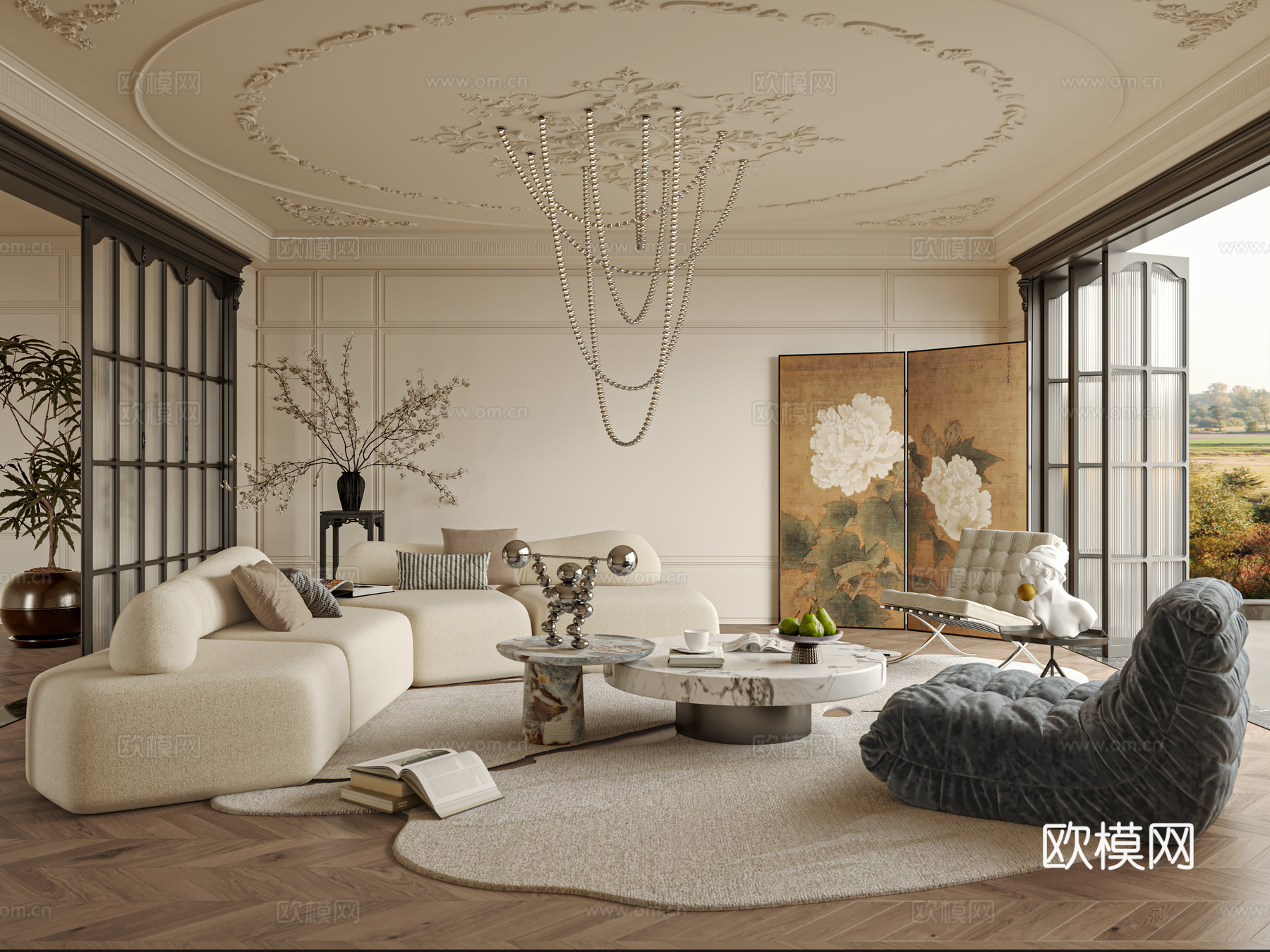 法式 中古风 客厅 沙发 单椅 茶几su模型