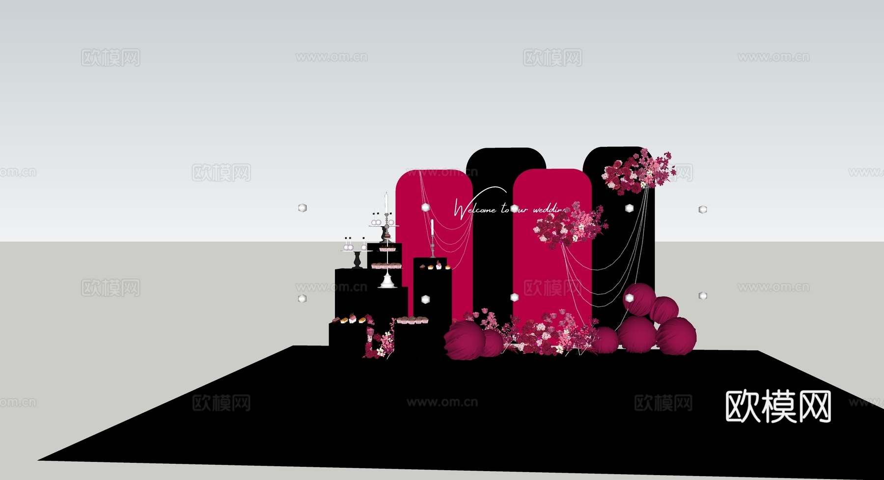 玫红色婚礼 甜品台su模型