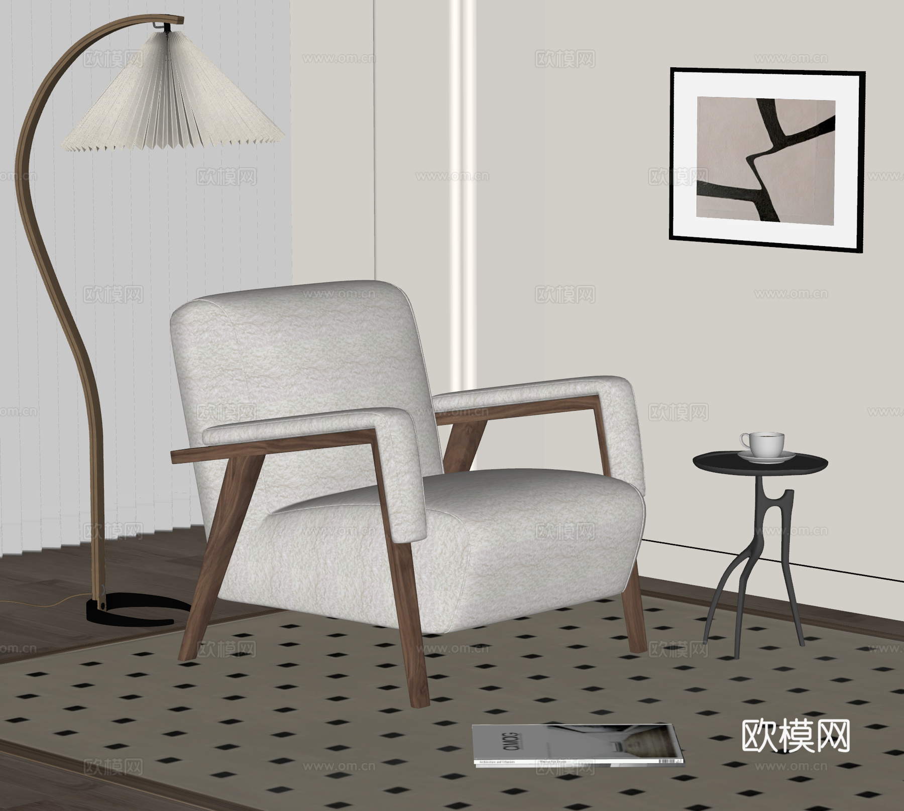 中古风休闲椅 侘寂休闲椅 单人沙发 羊羔绒 毛绒 法式休闲椅su模型