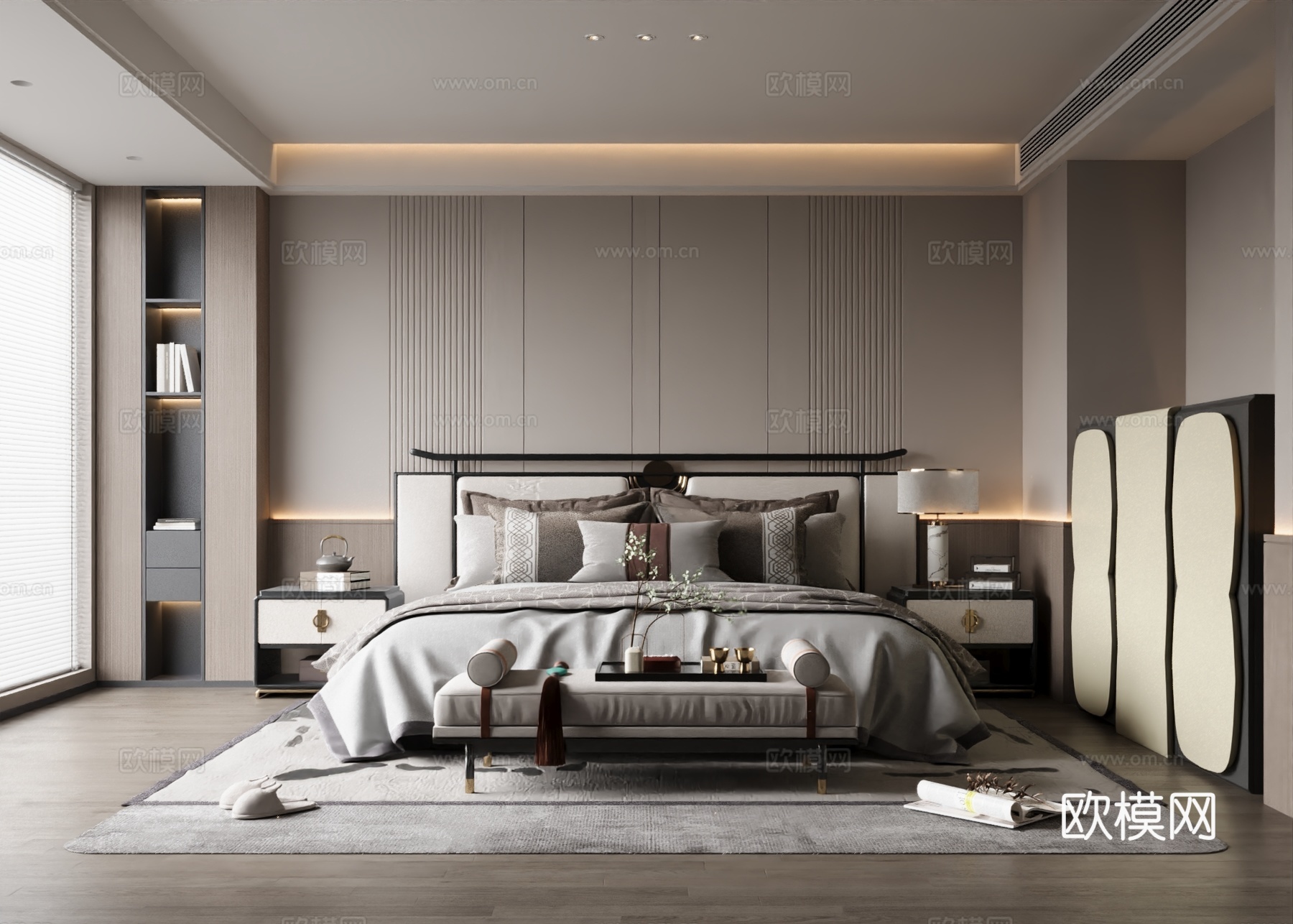 新中式家居卧室 主卧 无主灯卧室su模型