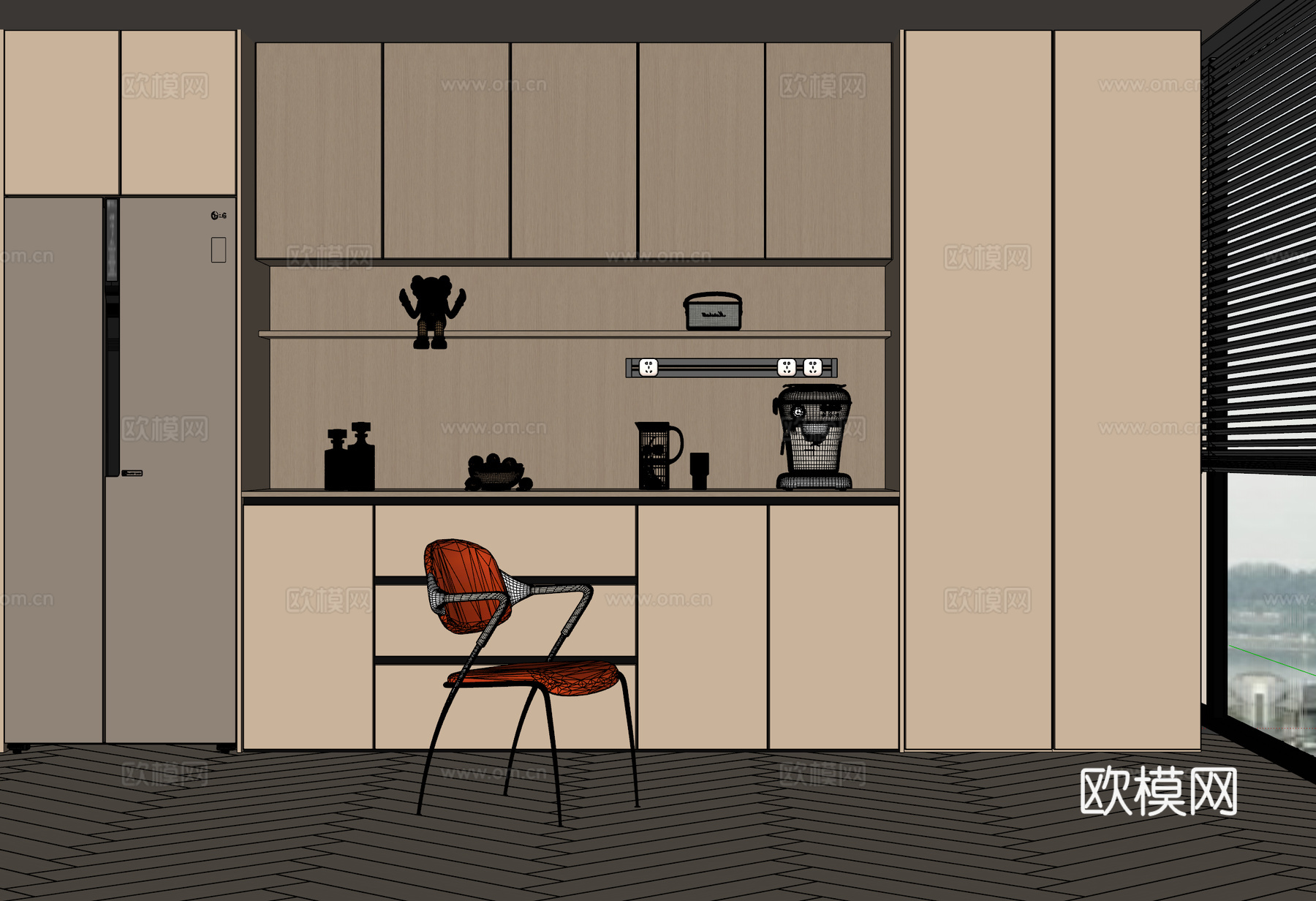 现代奶油风餐边柜 冰箱柜su模型下载（渲染图2）