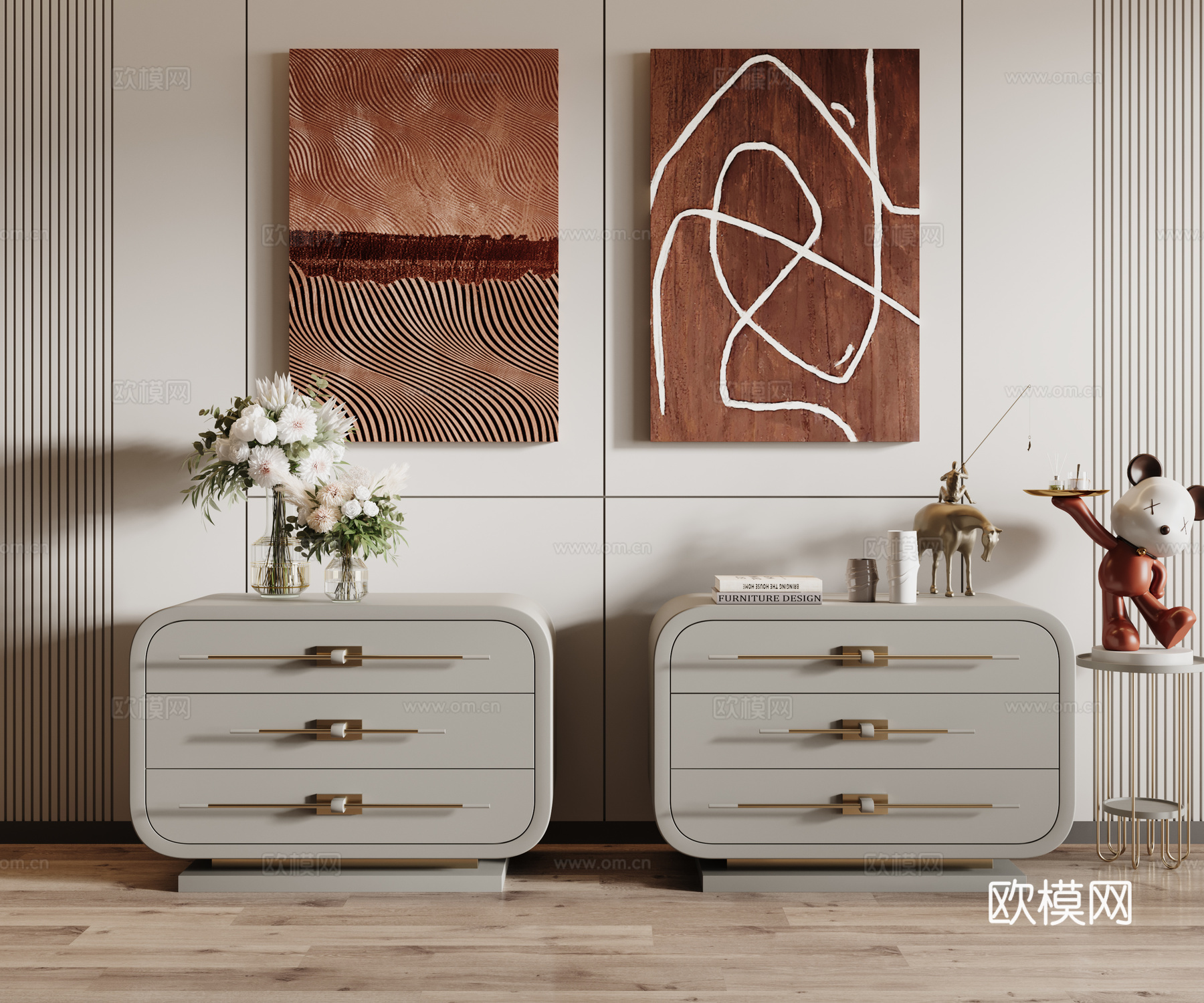 现代床头柜su模型下载（渲染图1）