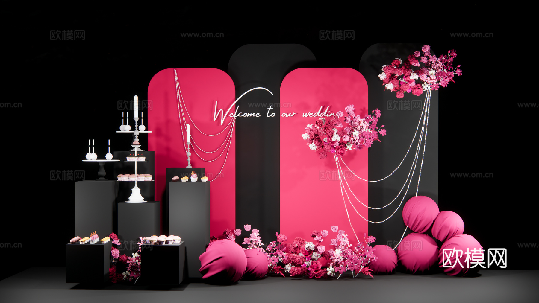 玫红色婚礼 甜品台su模型