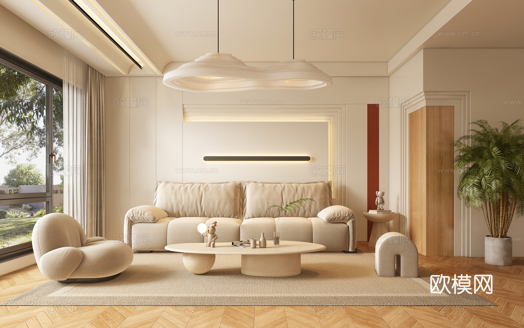 奶油风客厅su模型