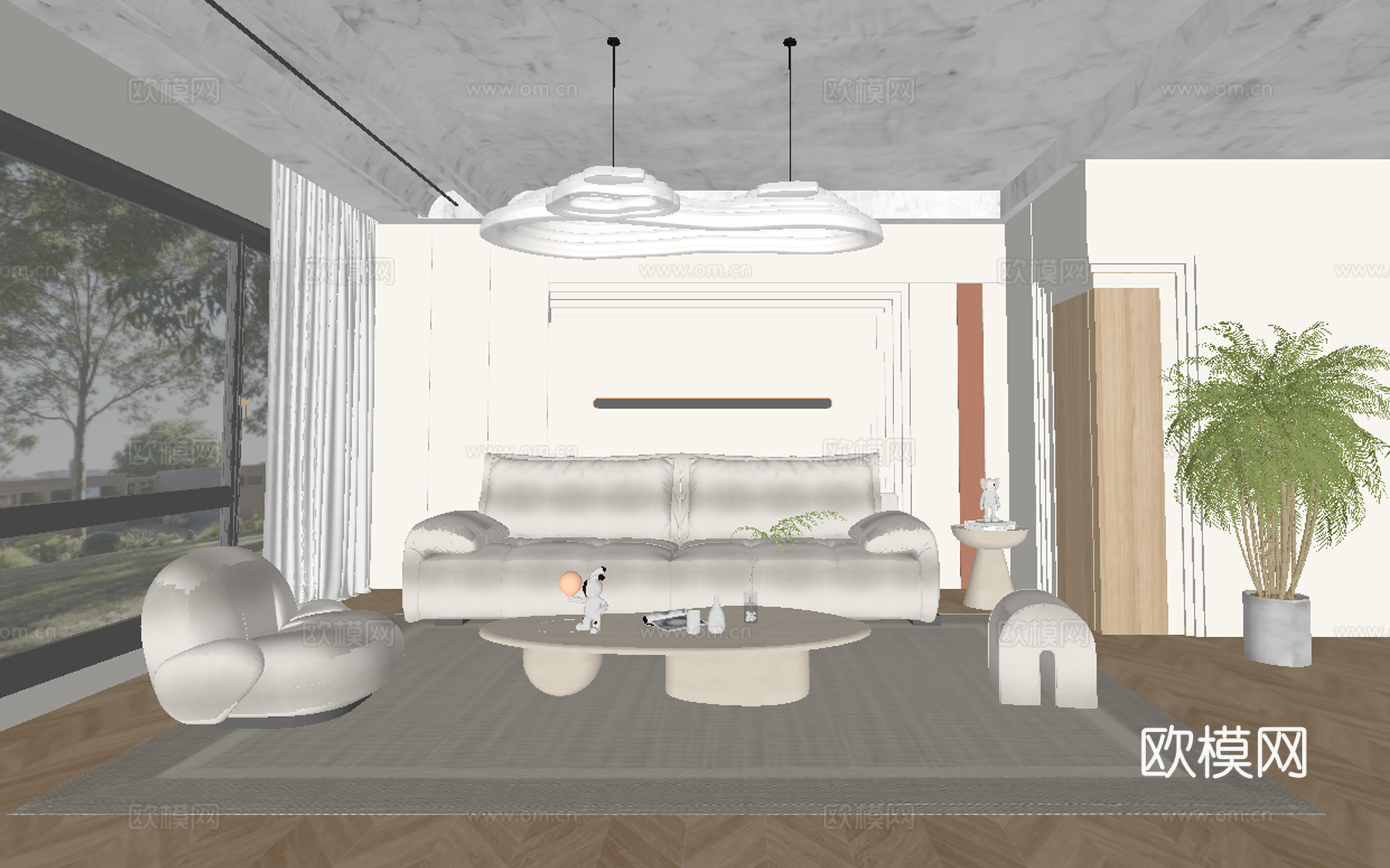 奶油风客厅su模型