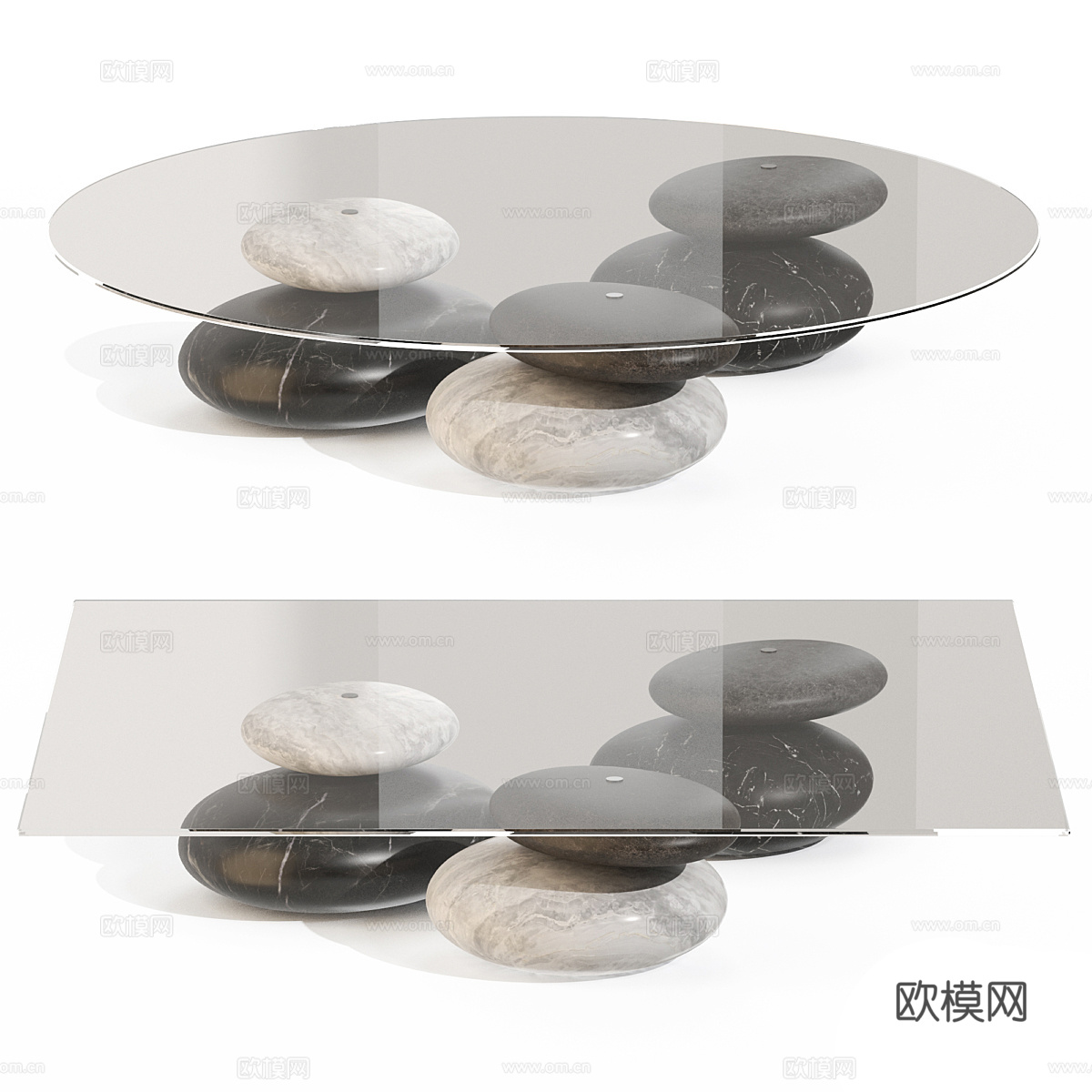 现代鹅卵石 玻璃茶几3d模型