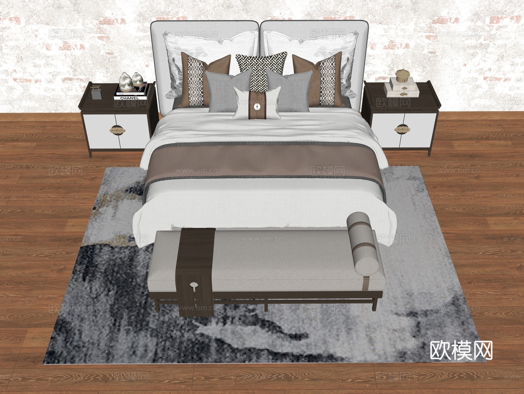 床组合 布艺床 木床su模型