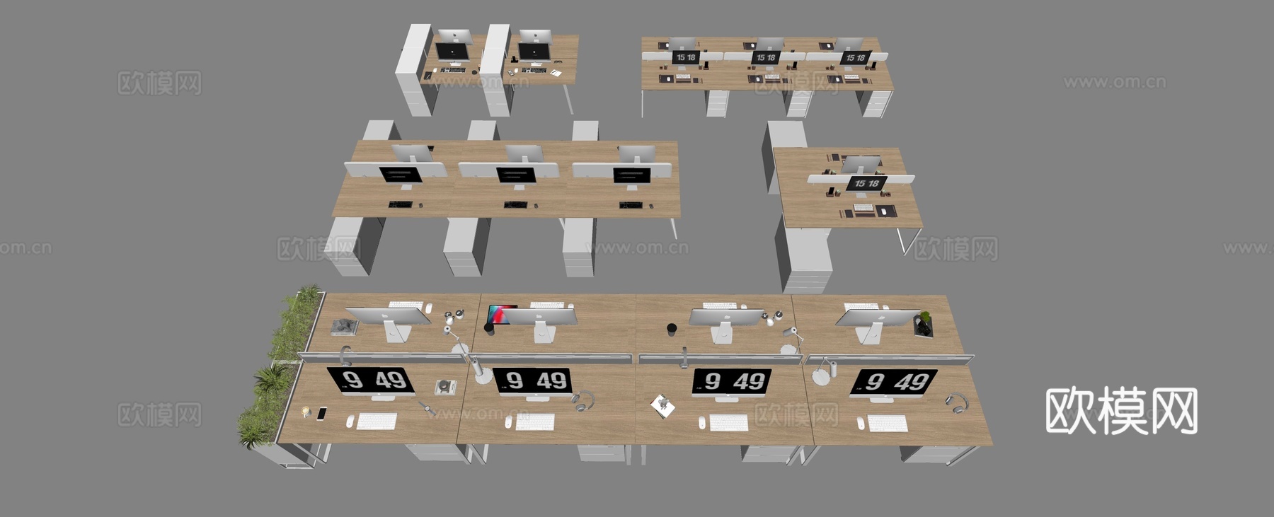 现代简约办公桌椅 办公桌椅组合 员工办公桌 办公区办公桌椅su模型下载（渲染图2）