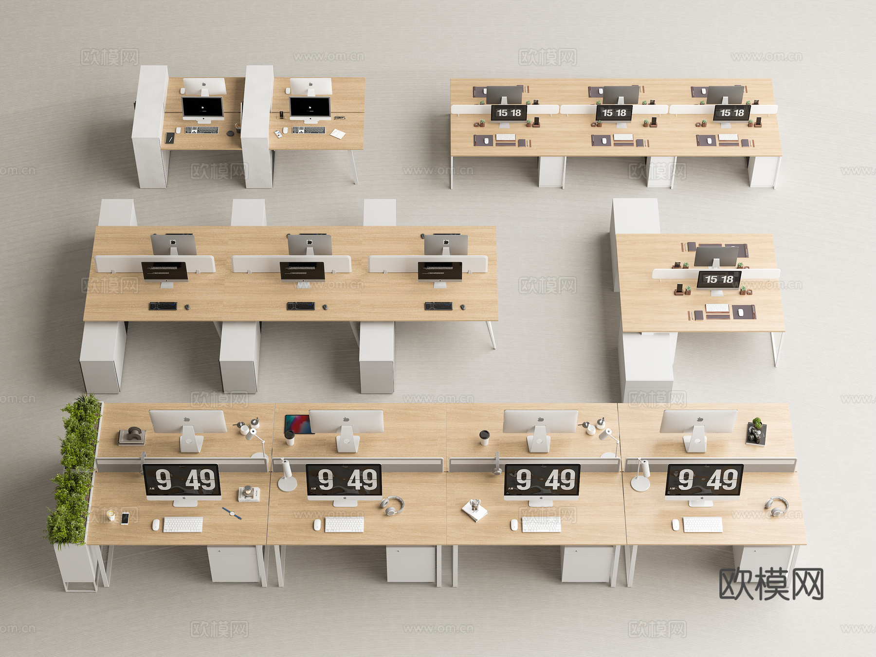 现代简约办公桌椅 办公桌椅组合 员工办公桌 办公区办公桌椅su模型下载（渲染图1）