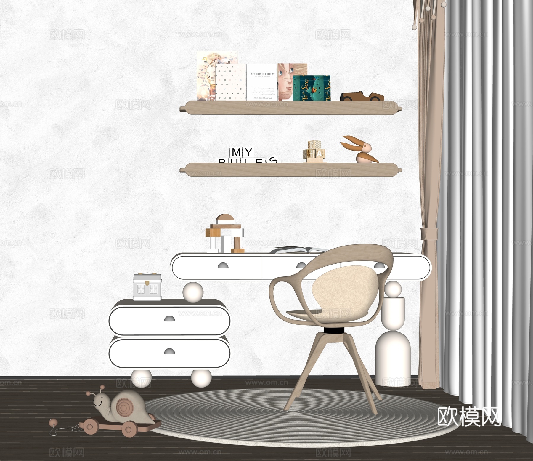 现代儿童书桌椅su模型下载（渲染图2）