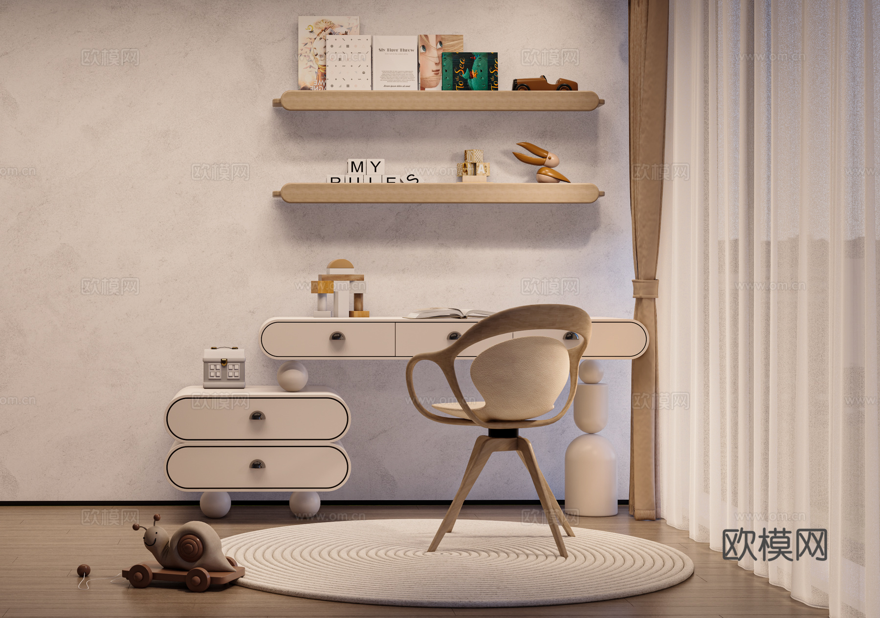 现代儿童书桌椅su模型下载（渲染图1）