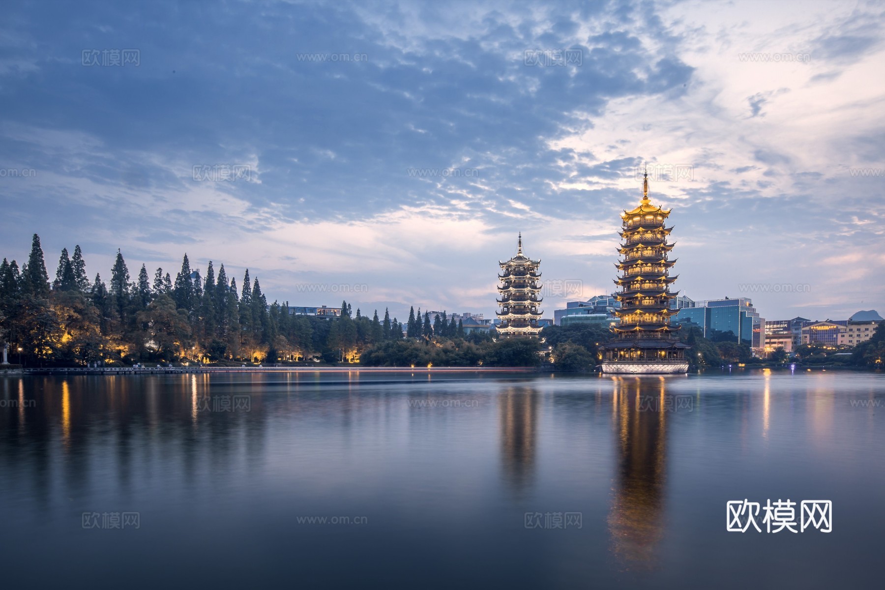 自然风景 山水湖泊 园林湖泊 古塔夜景