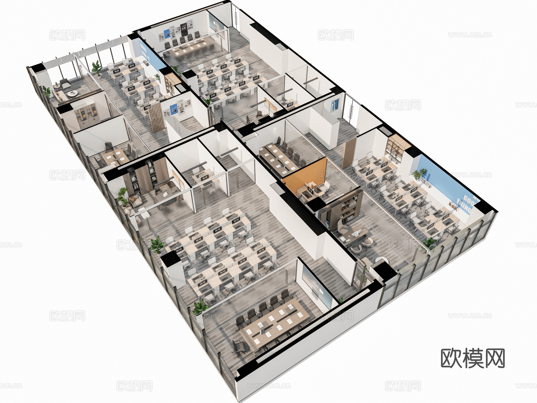 现代办公室 工作室 开放办公区 经理办公室 办公桌 会议桌3d模型