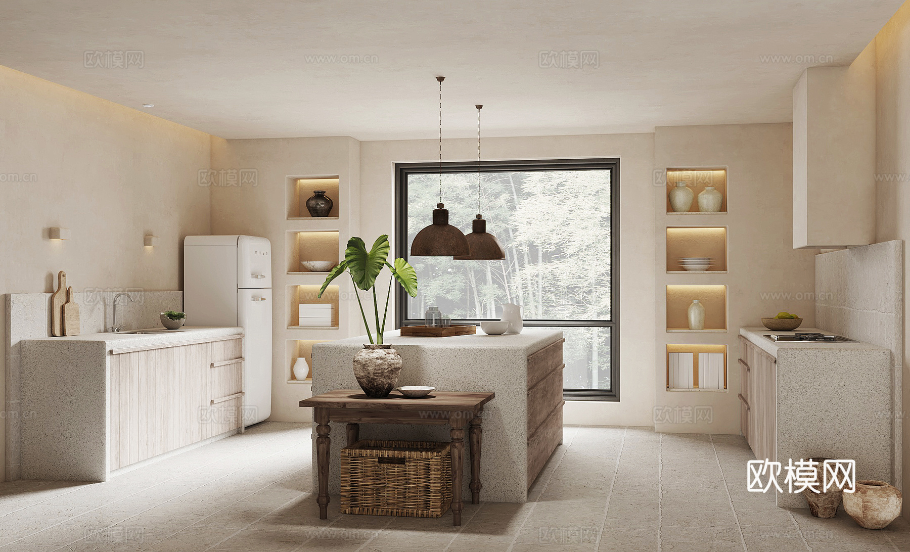 侘寂厨房 岛台 吊灯 厨房用品su模型