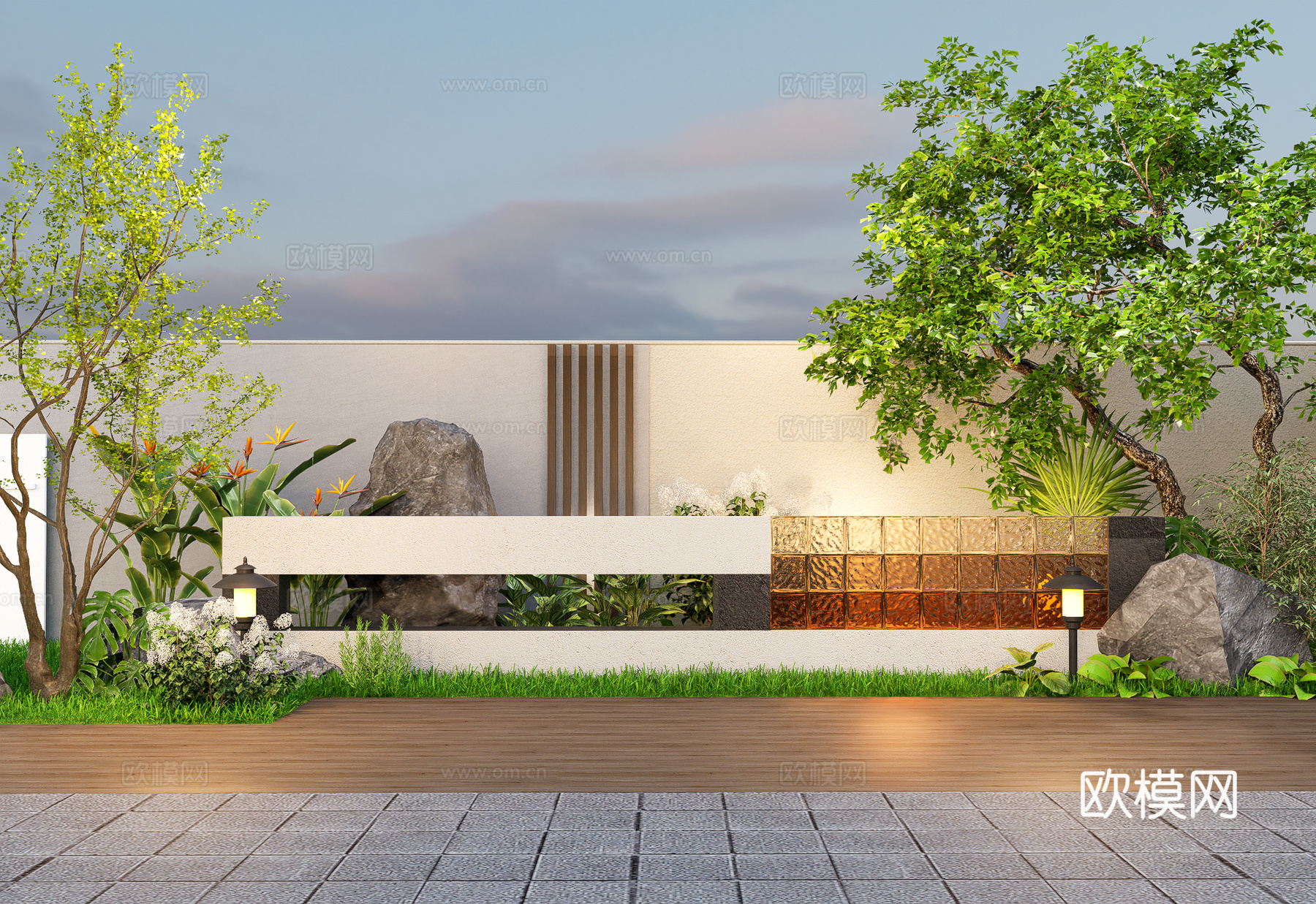 现代别墅庭院 玻璃砖景墙  景墙设计 简约风景墙免费su模型下载（渲染图1）