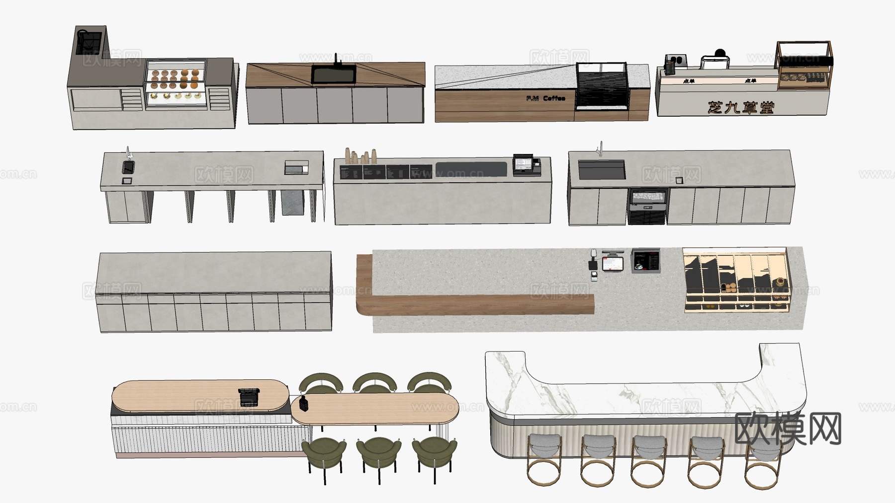 现代甜品店收银台 操作台 奶茶店吧台桌椅su模型下载（渲染图3）