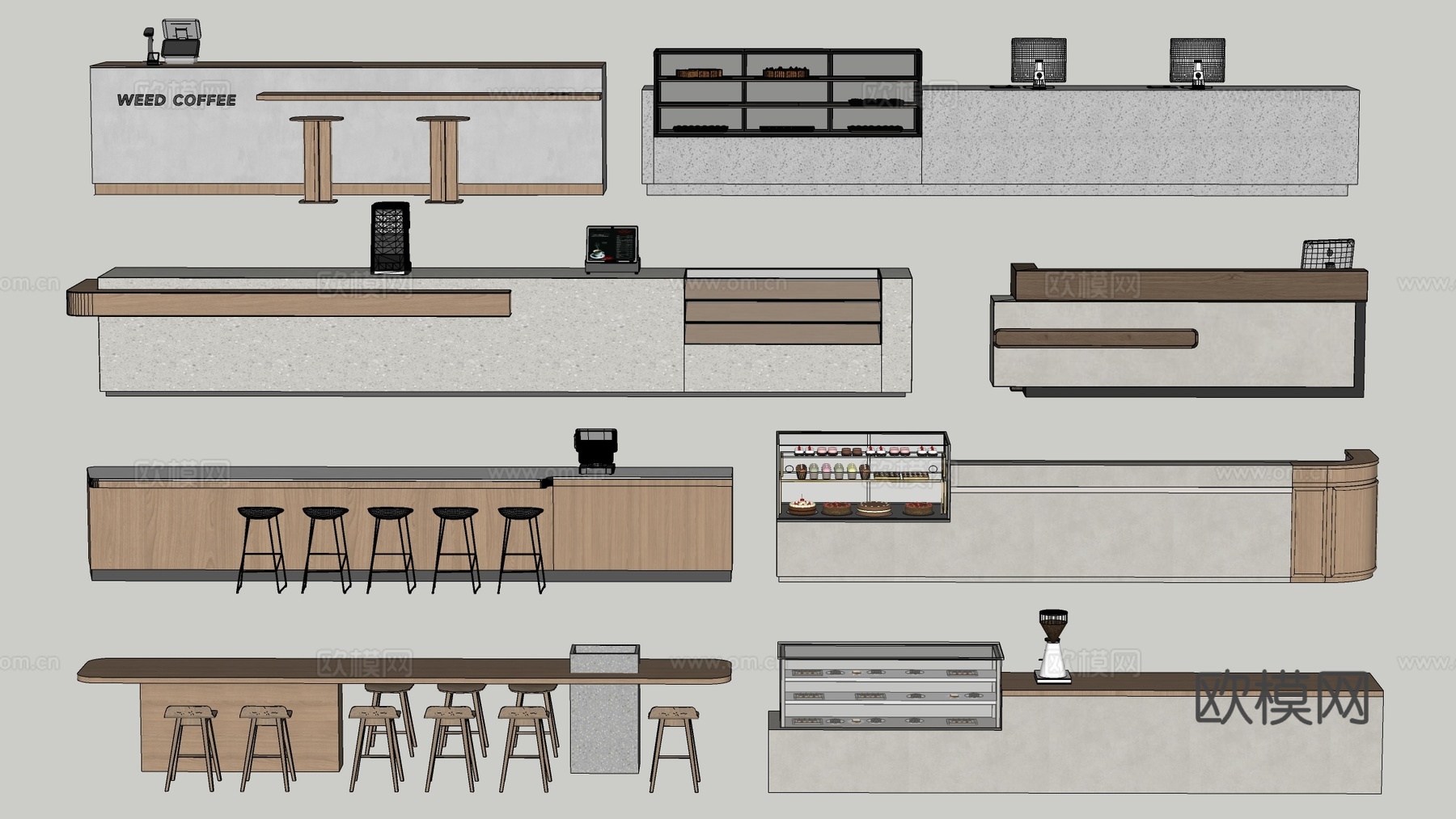 现代甜品店收银台 操作台 奶茶店吧台桌椅su模型下载（渲染图3）