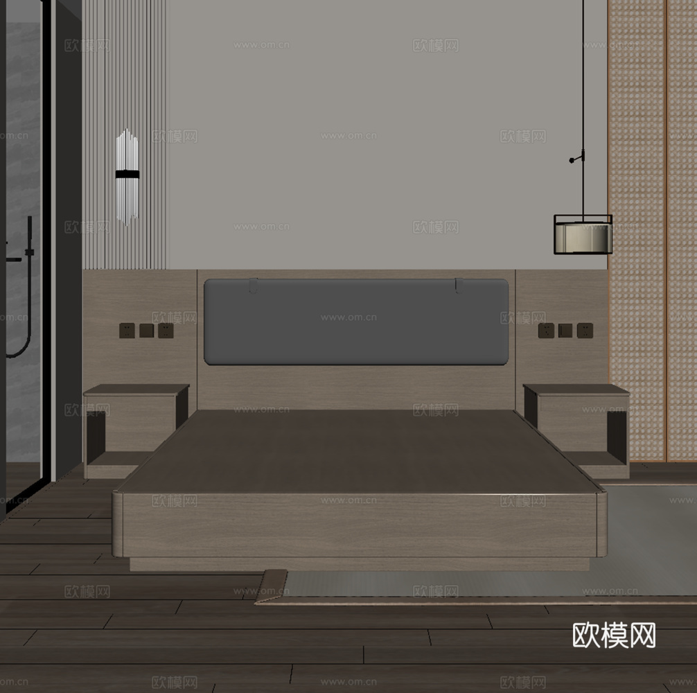 客房 酒店房间 大床房 宾馆双人床  单间su模型下载（渲染图2）