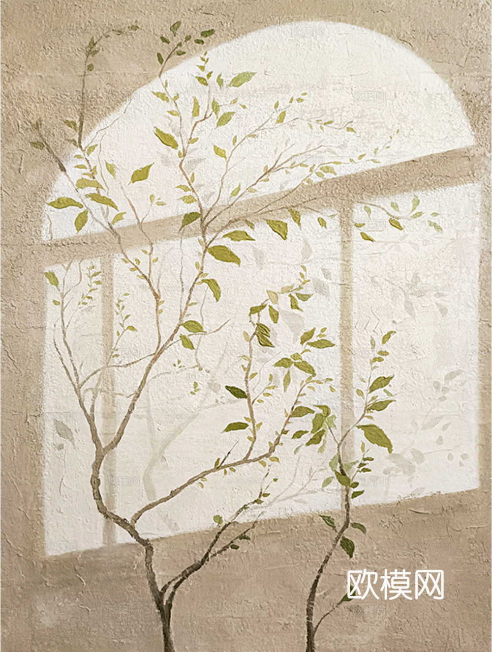 现代奶油挂画_肌理挂画_空间延伸画_植物挂画贴图